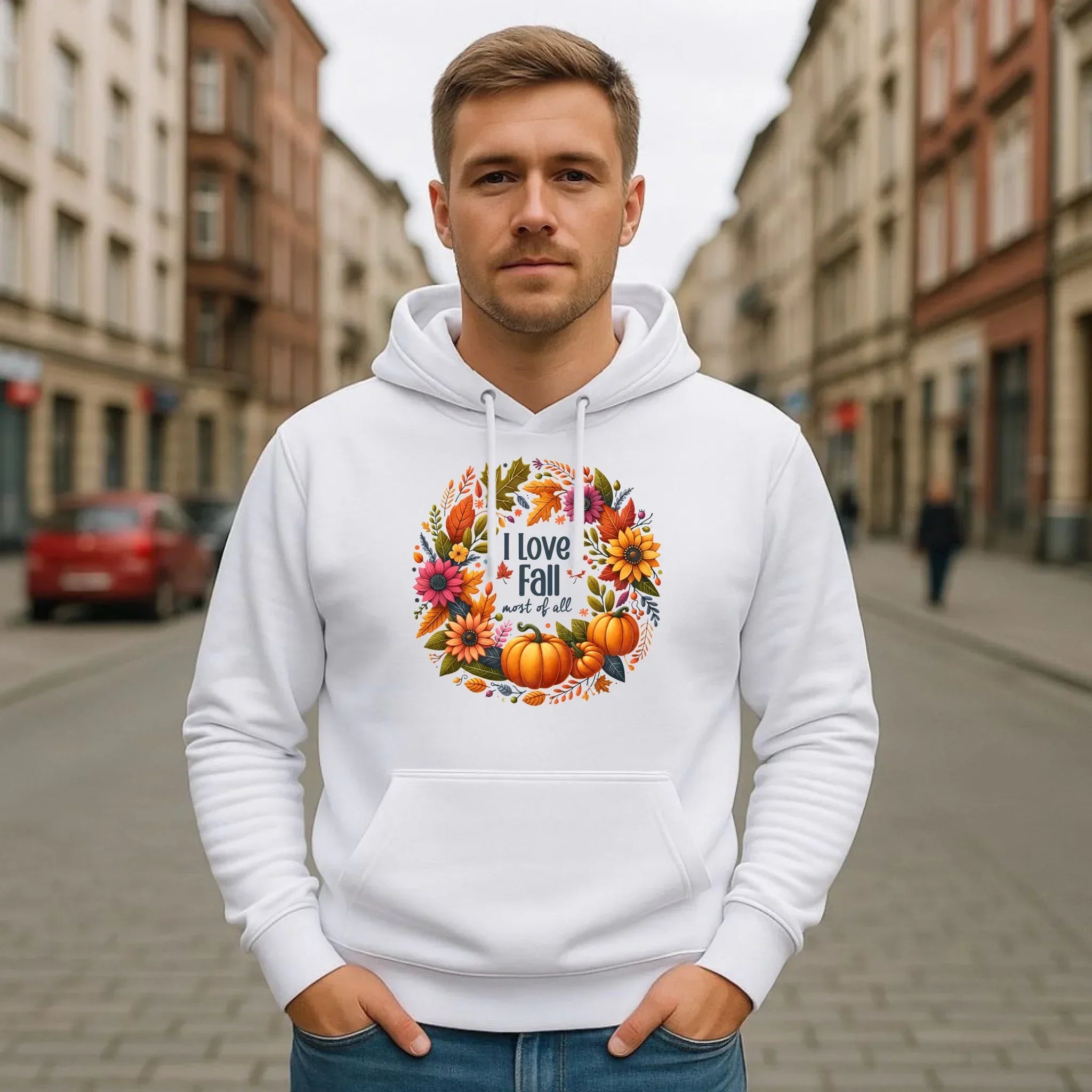 Bluza męska z kapturem jesienna - Kocham jesień - dynia z liśćmi JS03 - StoryCups.pl