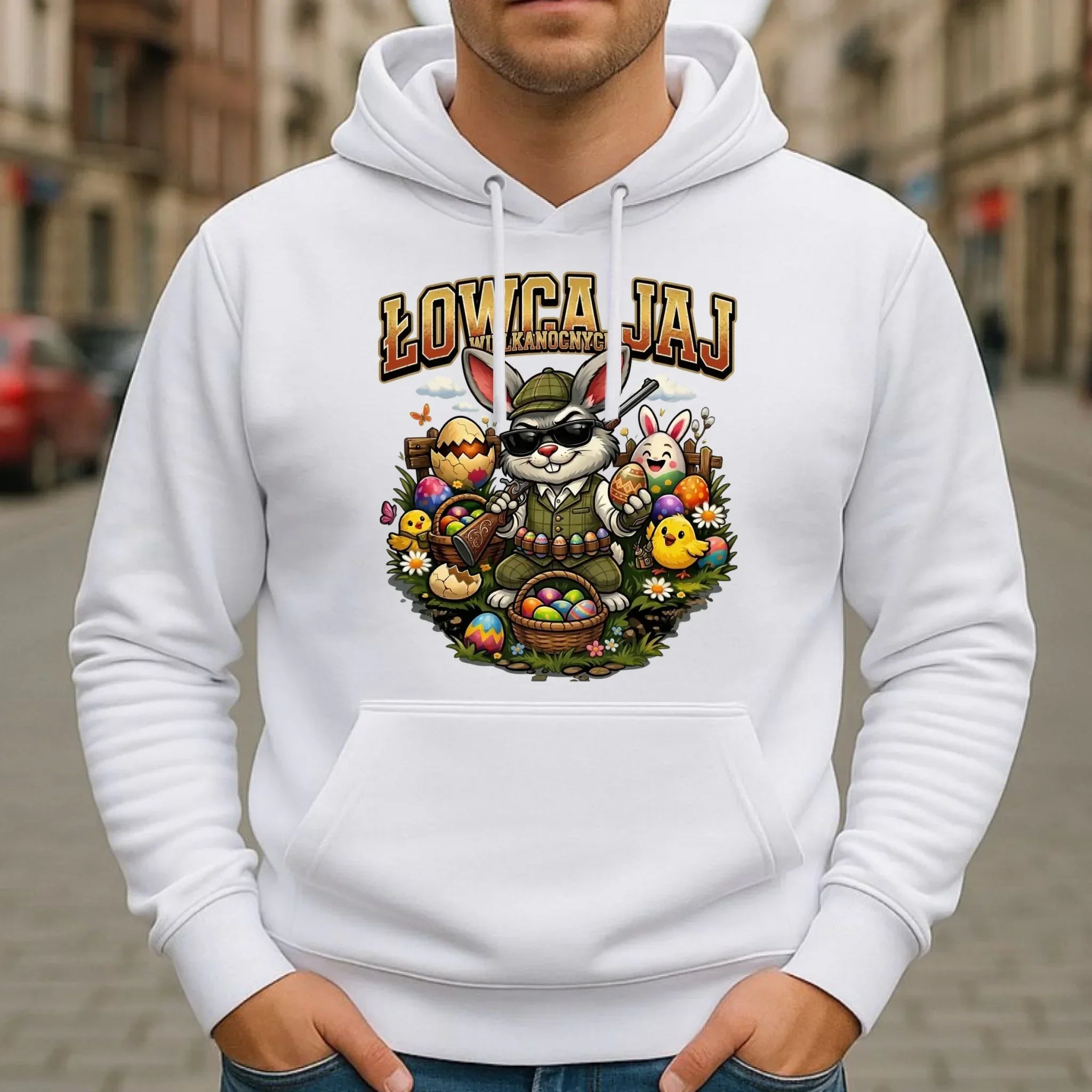 Bluza męska z kapturem wielkanocna - Zając Łowca Jaj WN12 - StoryCups.pl