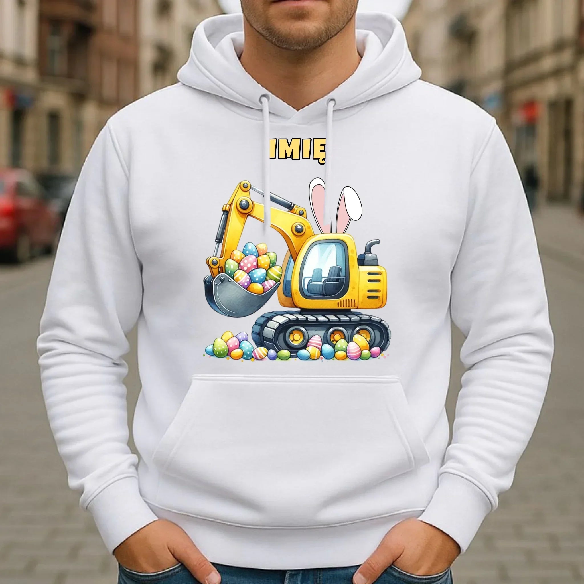Bluza męska z kapturem na Wielkanoc - Koparka z pisankami - personalizowana WN17 - StoryCups.pl