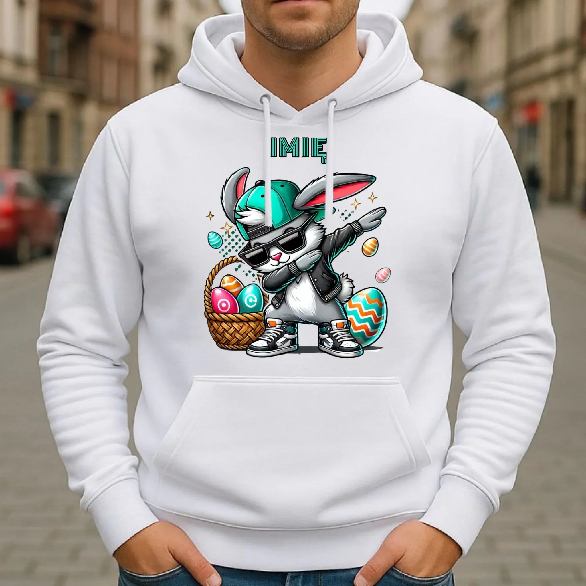 Bluza męska z kapturem wielkanocna - Zajączek Dab dance - personalizowana WN09 - StoryCups.pl