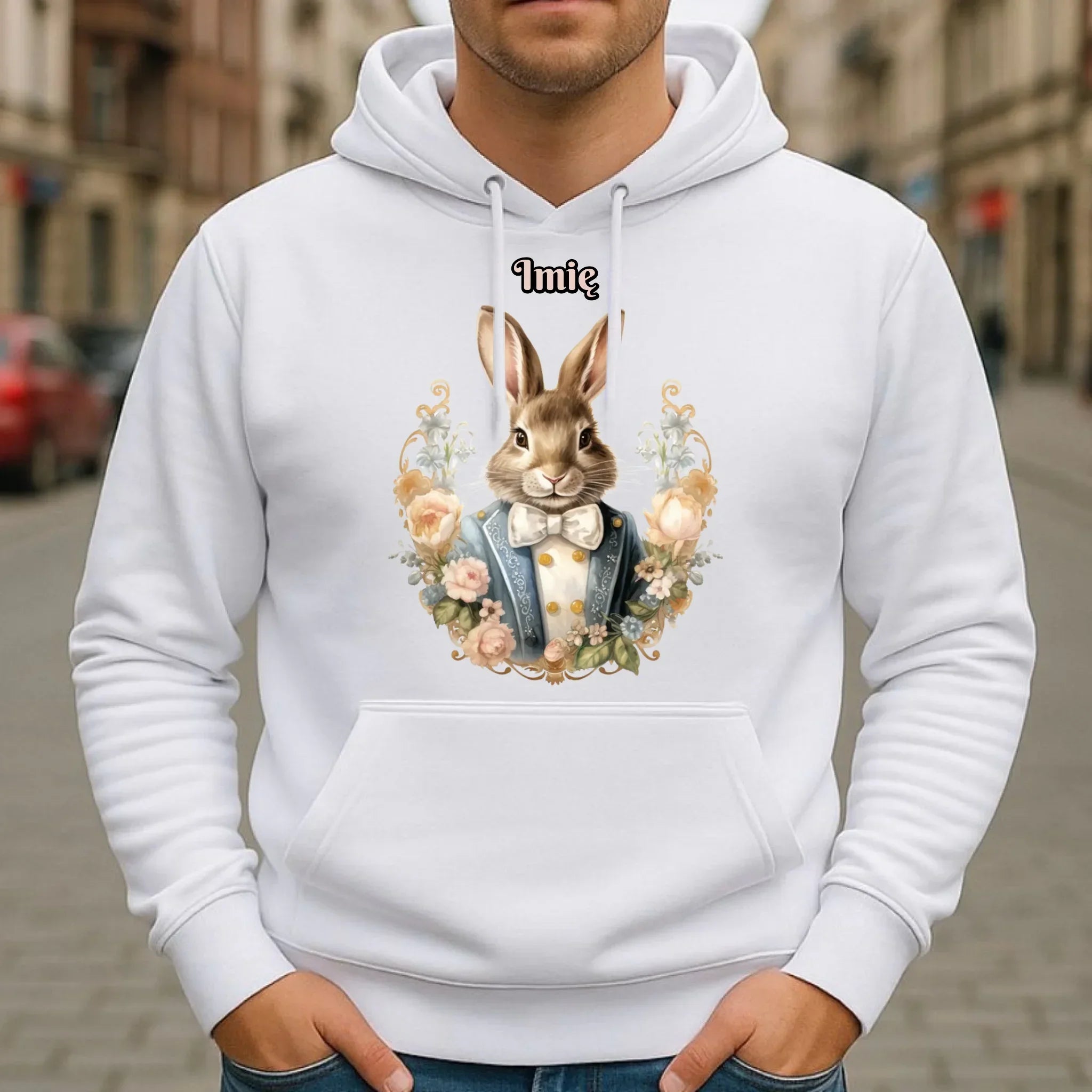 Bluza męska z kapturem na Wielkanoc - Elegancki Pan Zając - personalizowana WN06 - StoryCups.pl