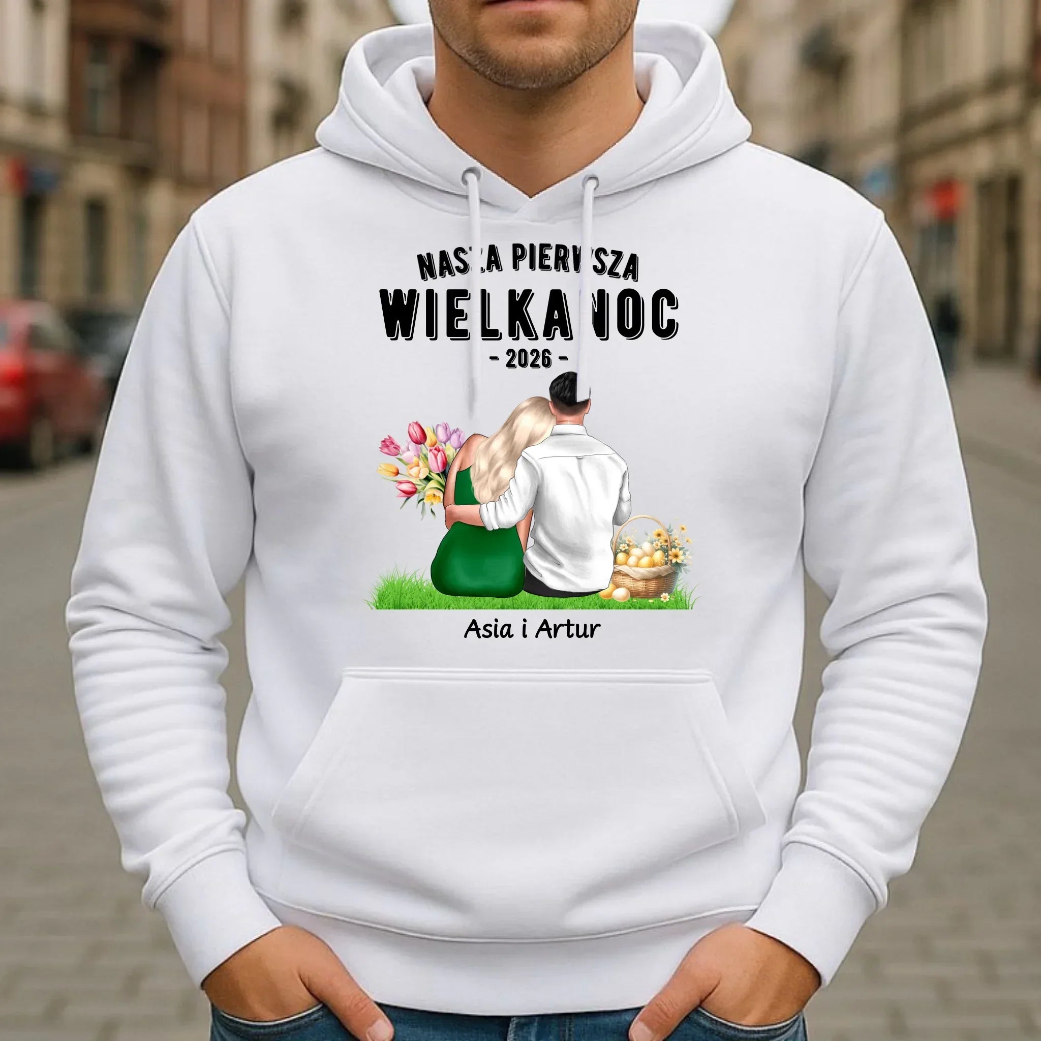 Bluza męska z kapturem wielkanocna dla par - Nasza pierwsza Wielkanoc - personalizowana WN16 - StoryCups.pl