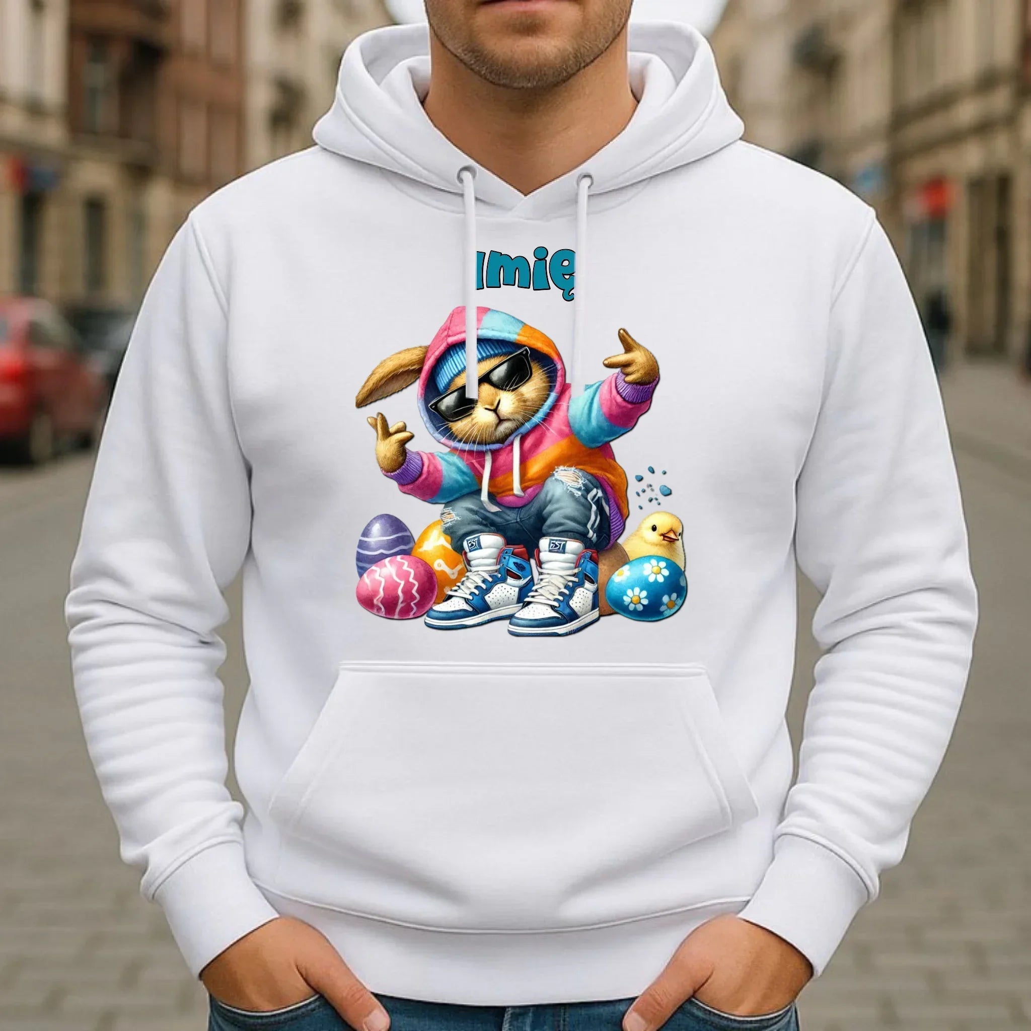 Bluza męska z kapturem na Wielkanoc - Sigma Zając w pisankach - Prezent personalizowany WN04 - StoryCups.pl