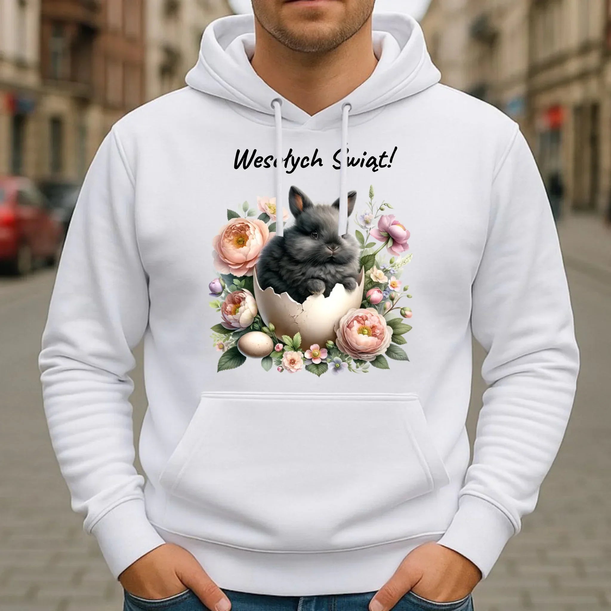Bluza męska z kapturem na Wielkanoc - Zajączek w pisance Wesołych Świąt WN03 - StoryCups.pl
