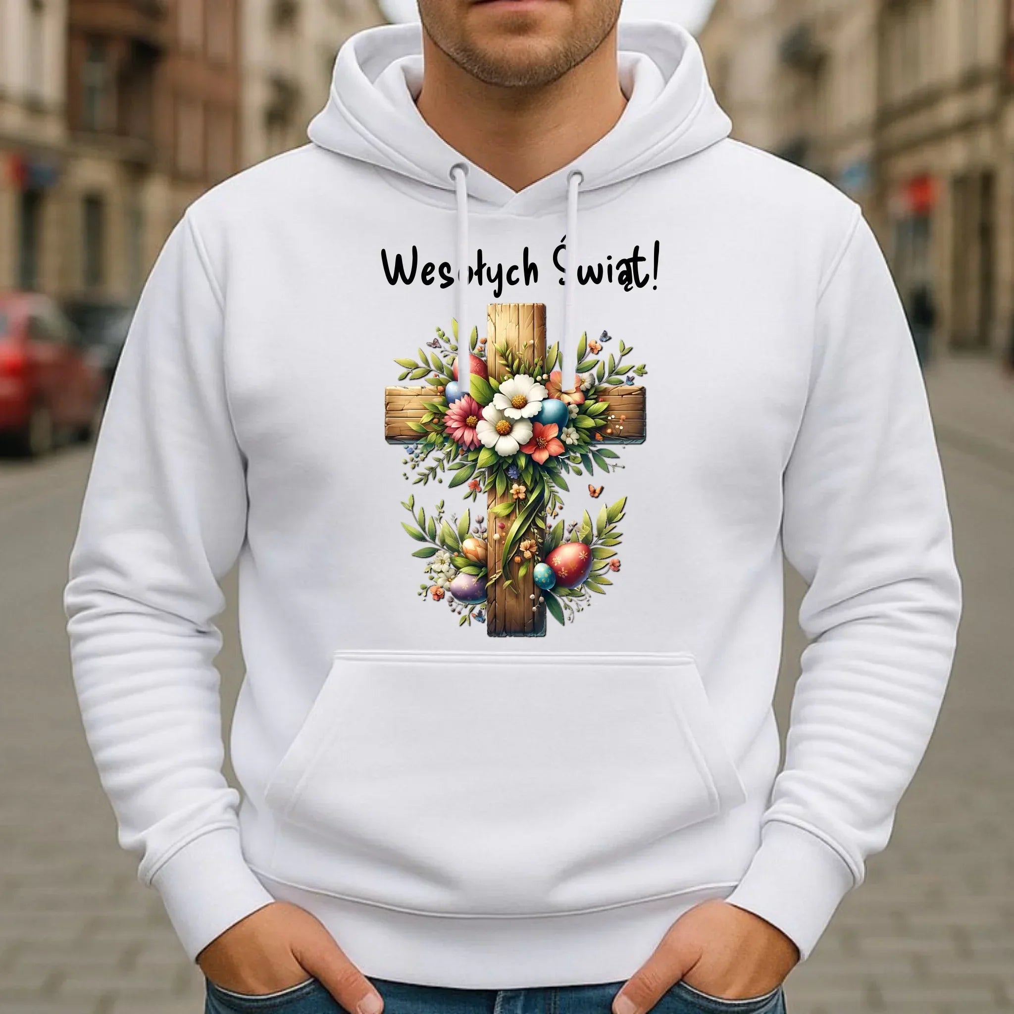 Bluza męska z kapturem na Wielkanoc - Krzyż z kwiatami Wesołych Świąt WN02 - StoryCups.pl