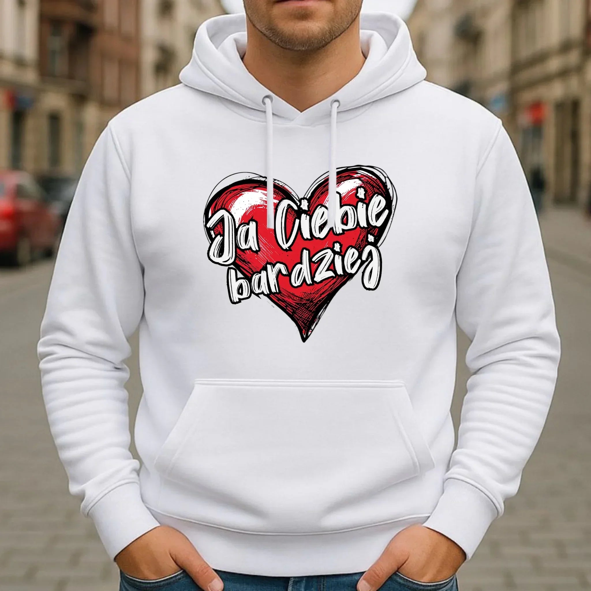 Bluza męska z kapturem - Serce Ja Ciebie bardziej W84 - StoryCups.pl