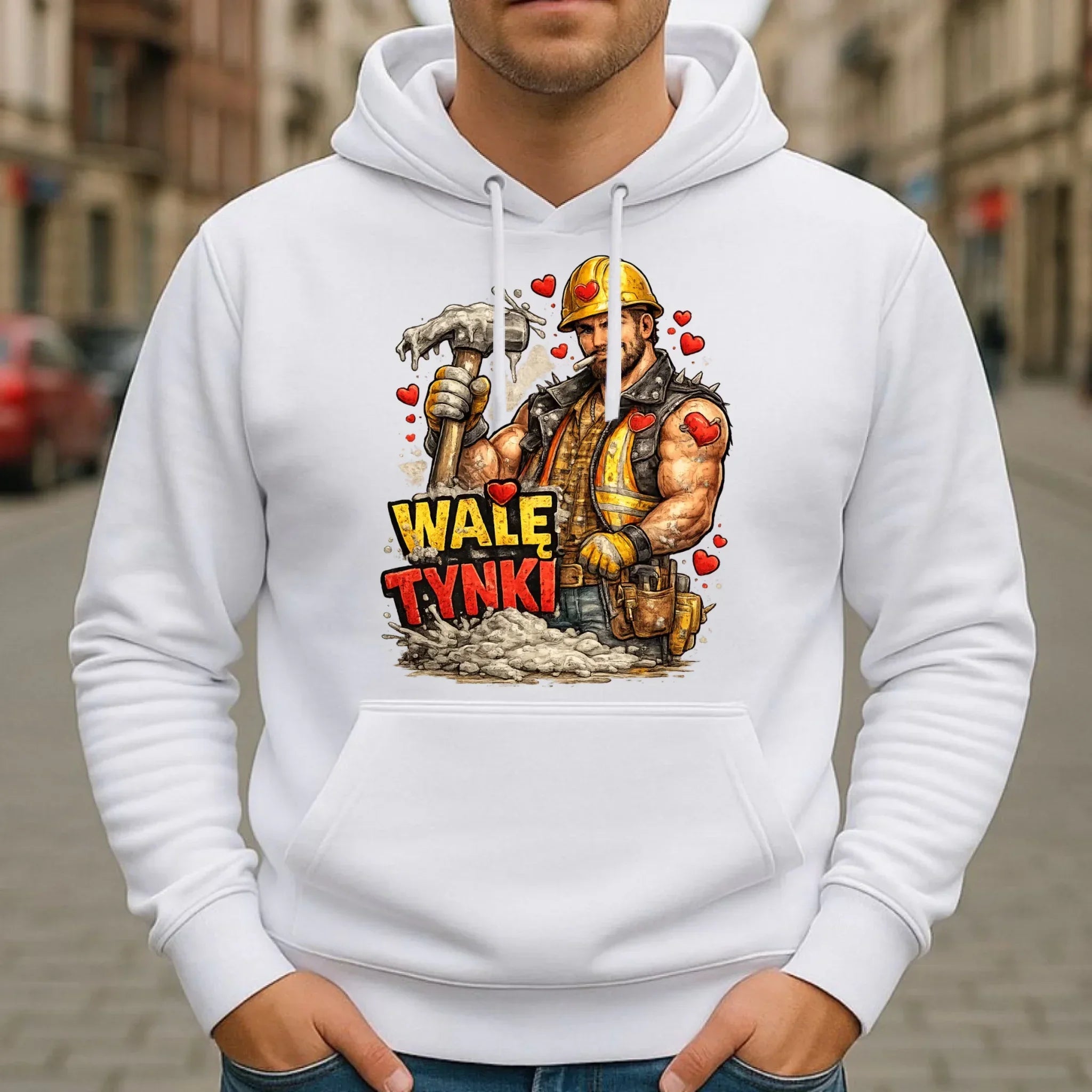Bluza męska z kapturem na Walentynki - Budowlaniec Walę tynki W64 - StoryCups.pl