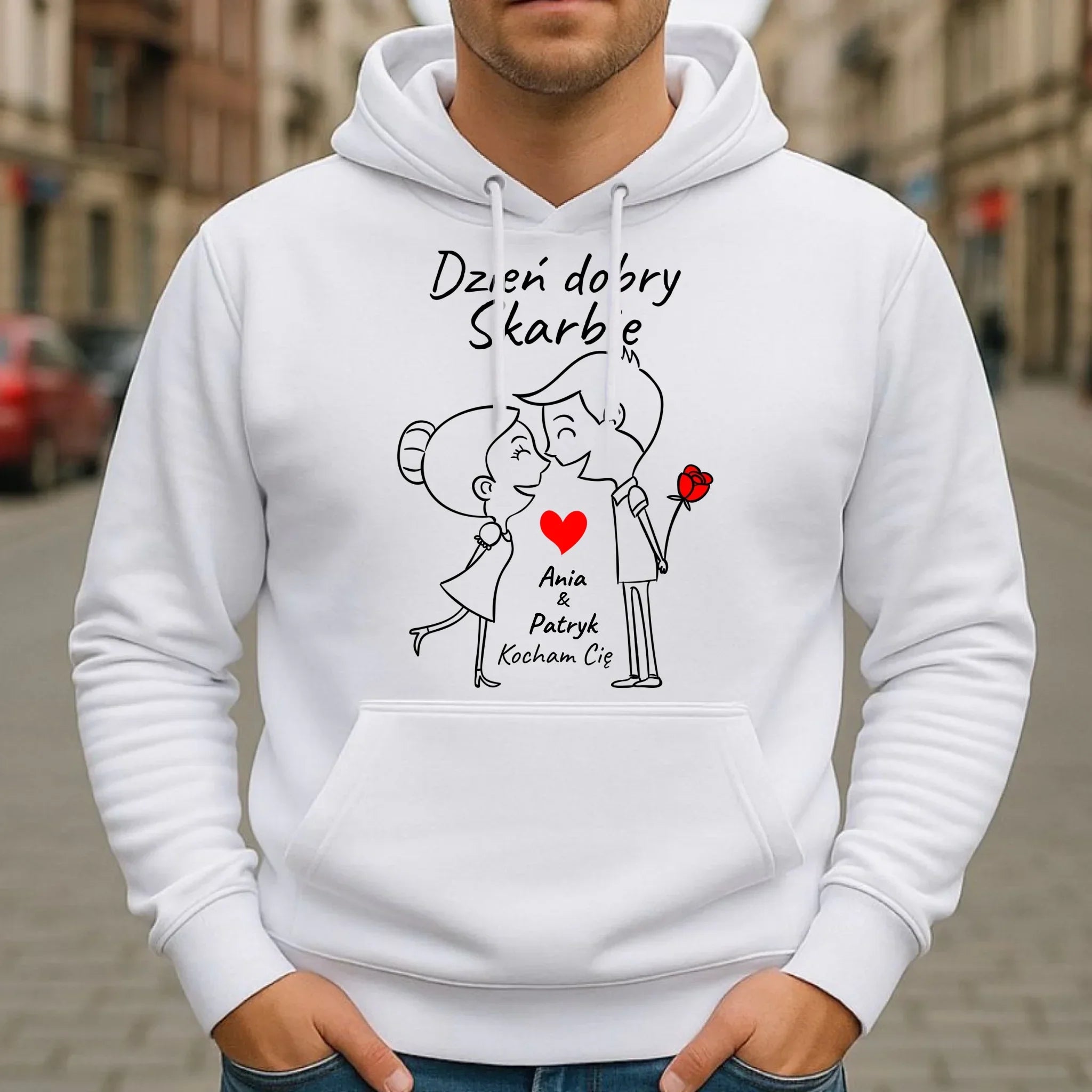 Bluza męska z kapturem dla par - Dzień dobry Skarbie - personalizowana W15 - StoryCups.pl