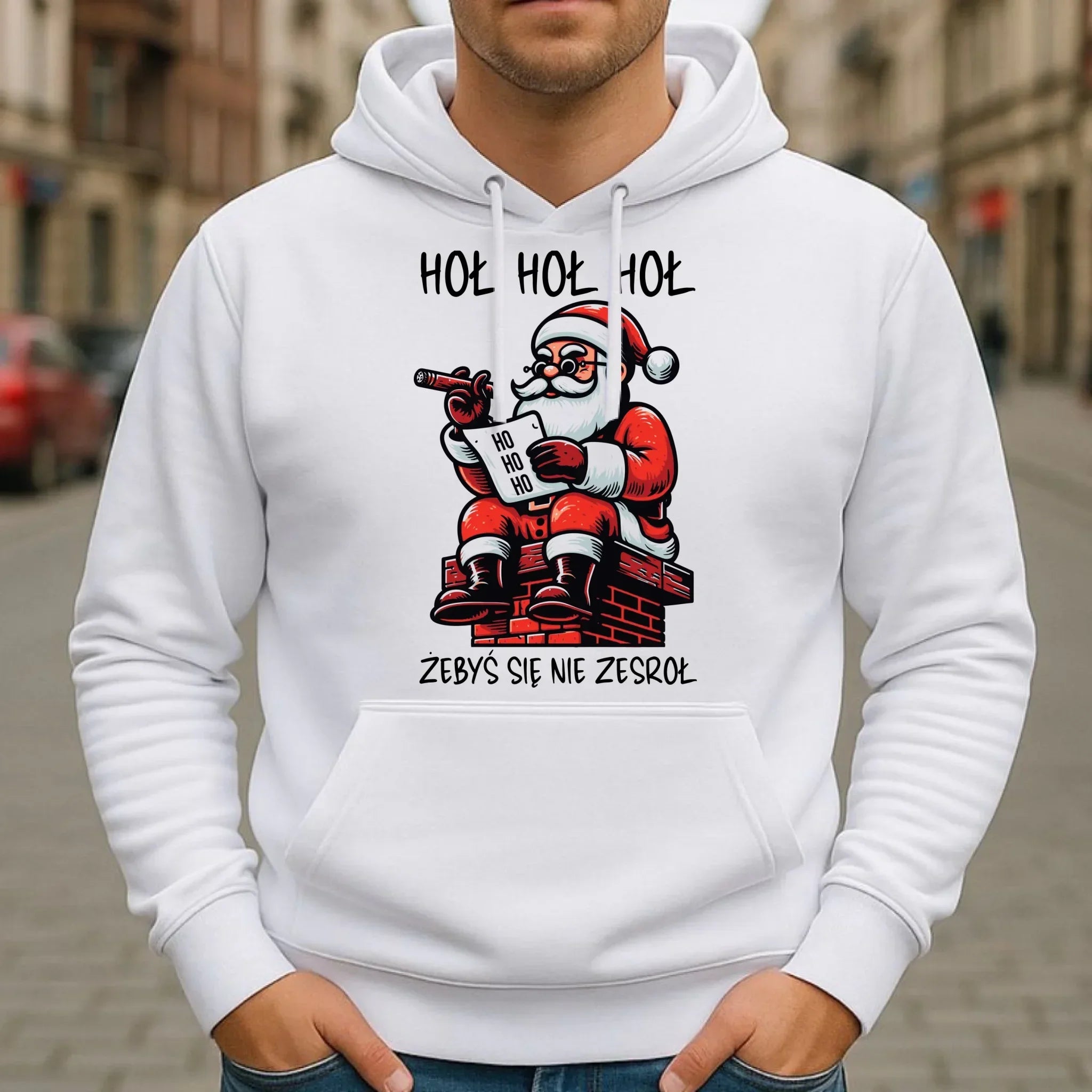 Bluza męska z kapturem świąteczna - Śmieszny prezent na Mikołaja - Hoł hoł hoł żebyś się nie zesroł BN156 - StoryCups.pl