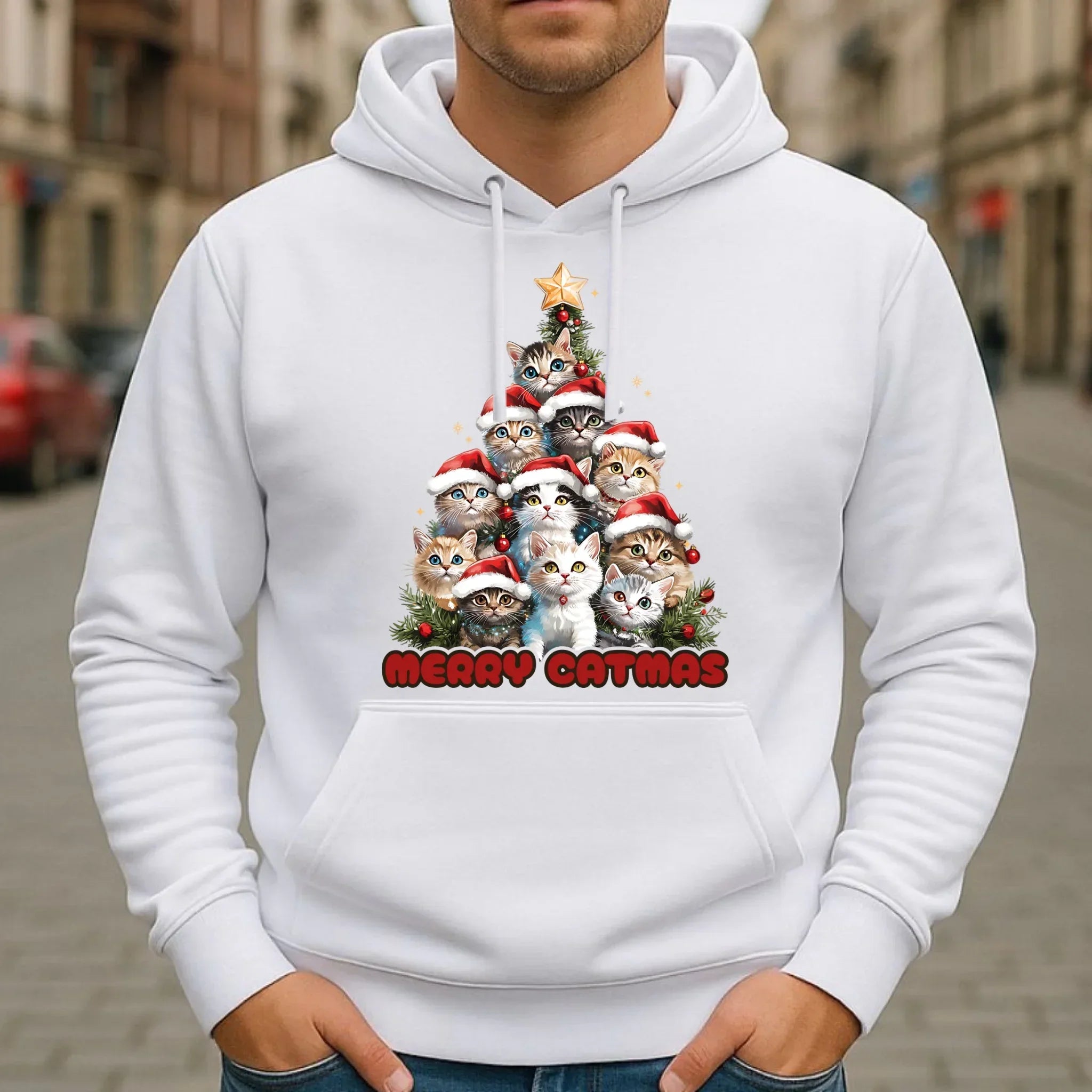 Bluza męska z kapturem świąteczna - Kocia choinka Merry Catmas BN20 - StoryCups.pl