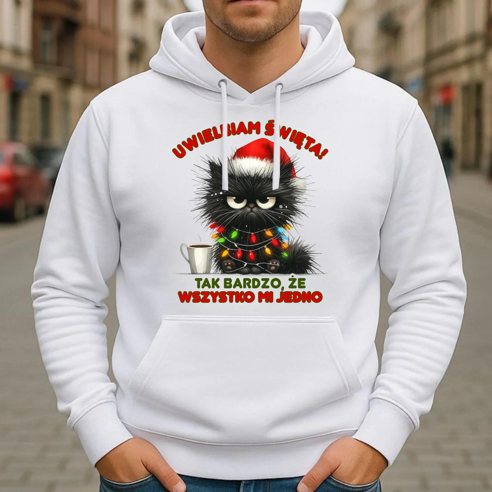 Bluza męska z kapturem świąteczna - Kot Maruda Wszystko mi jedno BN35 - StoryCups.pl