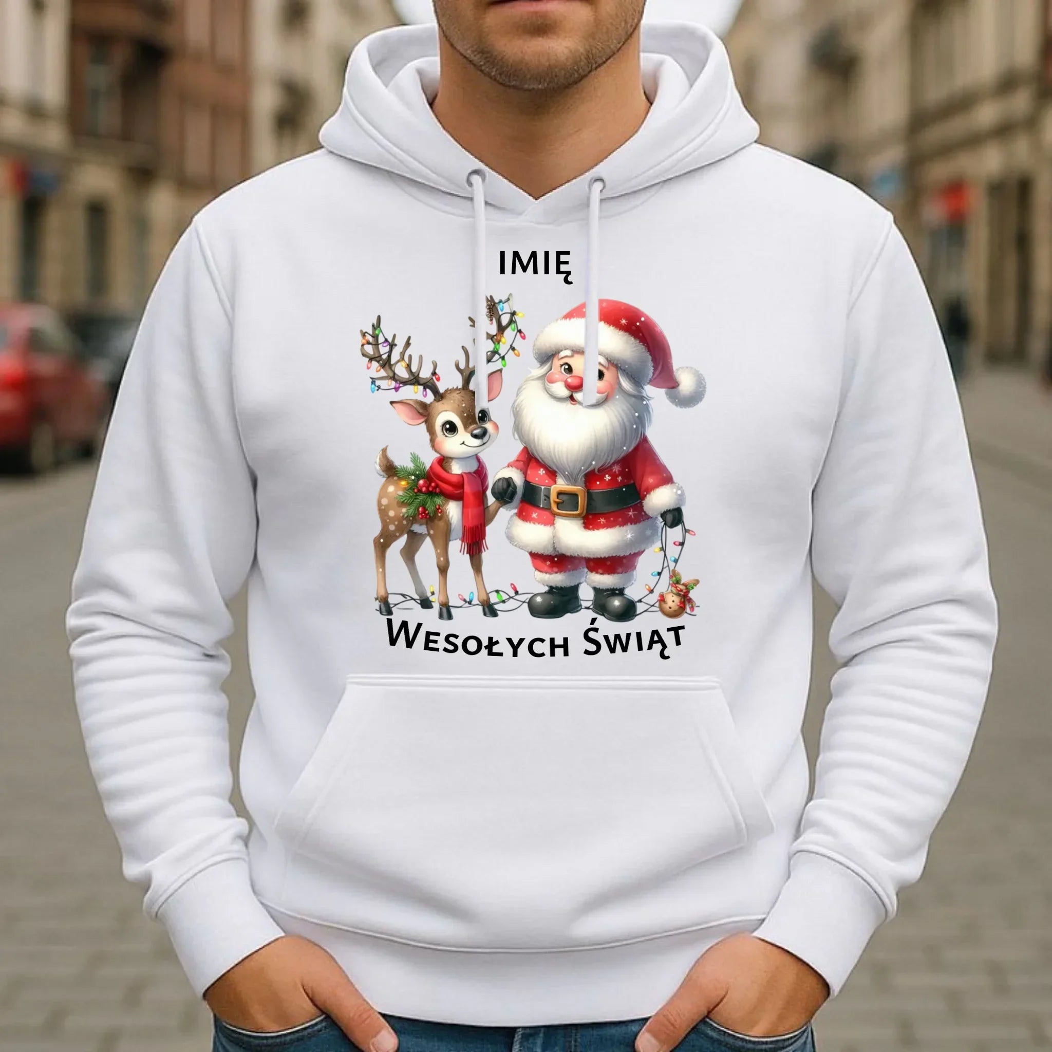 Bluza męska z kapturem świąteczna - Mikołaj z reniferem - personalizowana BN09 - StoryCups.pl