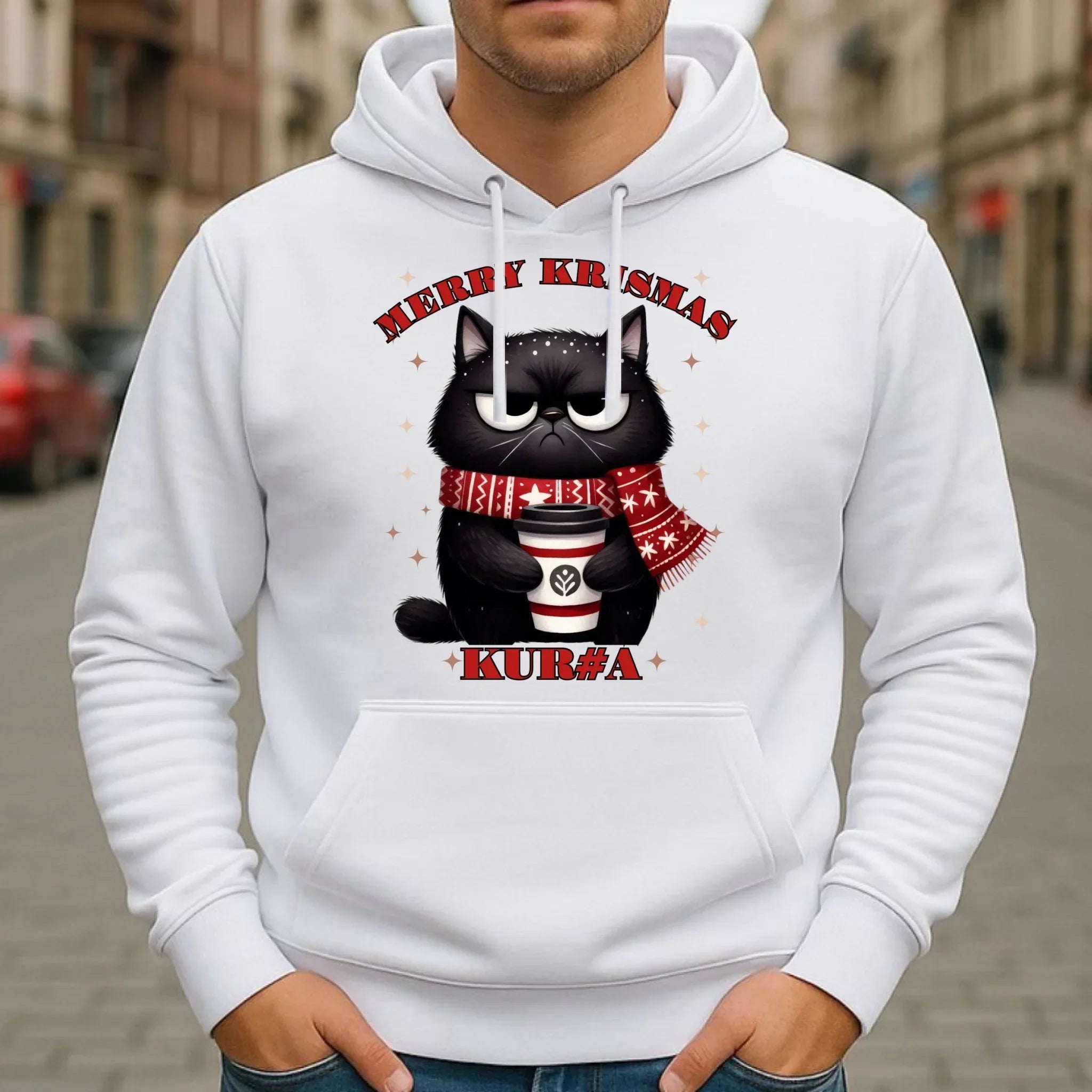 Bluza męska z kapturem świąteczna - Zburczany kot Merry Krismas kur#a - bez cenzury BN34 - StoryCups.pl
