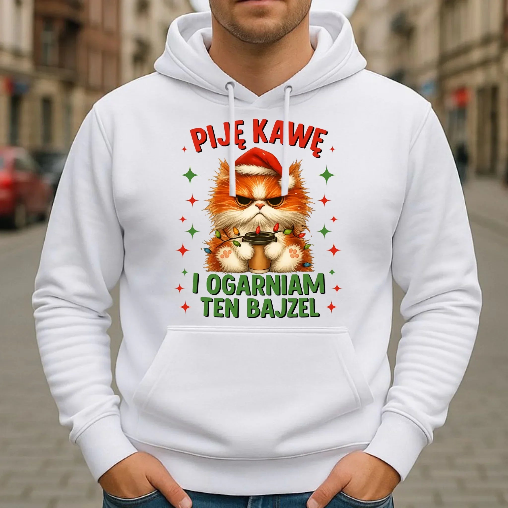Bluza męska z kapturem świąteczna - Kot Piję kawę i ogarniam ten bajzel BN39 - StoryCups.pl