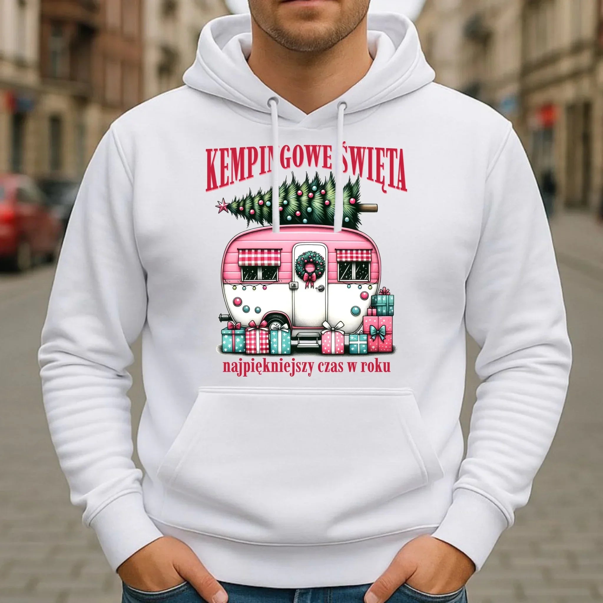 Bluza męska z kapturem świąteczna - Kamper Kempingowe Święta BN40 - StoryCups.pl