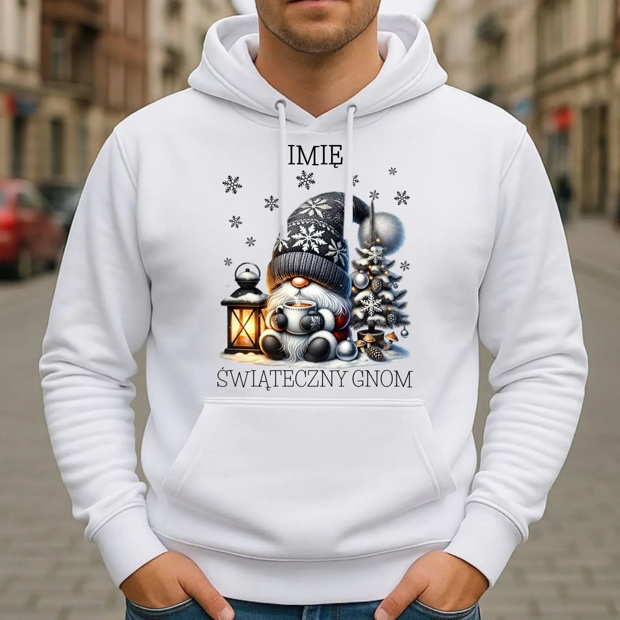 Bluza męska z kapturem świąteczna - Gnom z czekoladą - personalizowana BN41 - StoryCups.pl