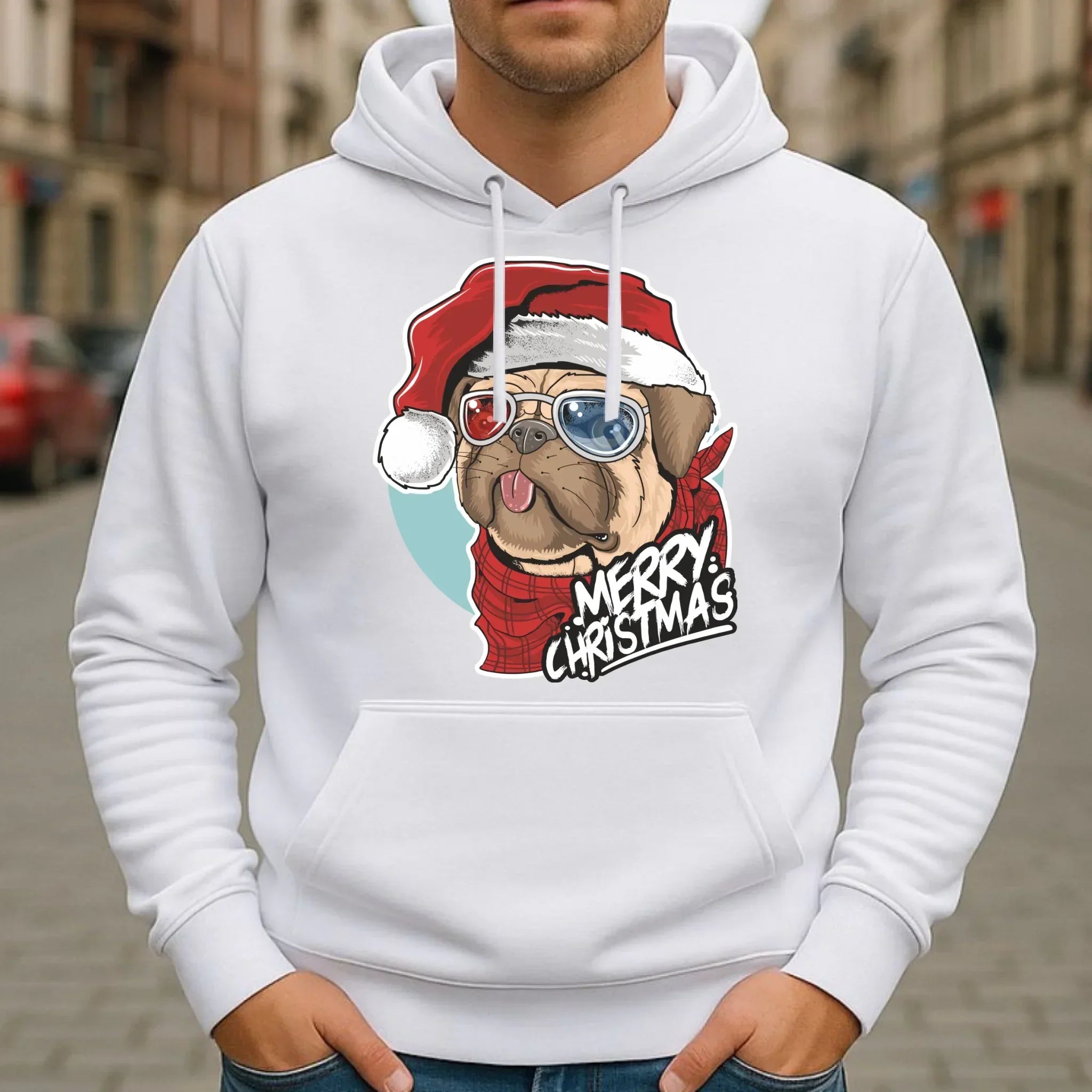 Bluza męska z kapturem świąteczna - Mops Merry Christmas BN62 - StoryCups.pl