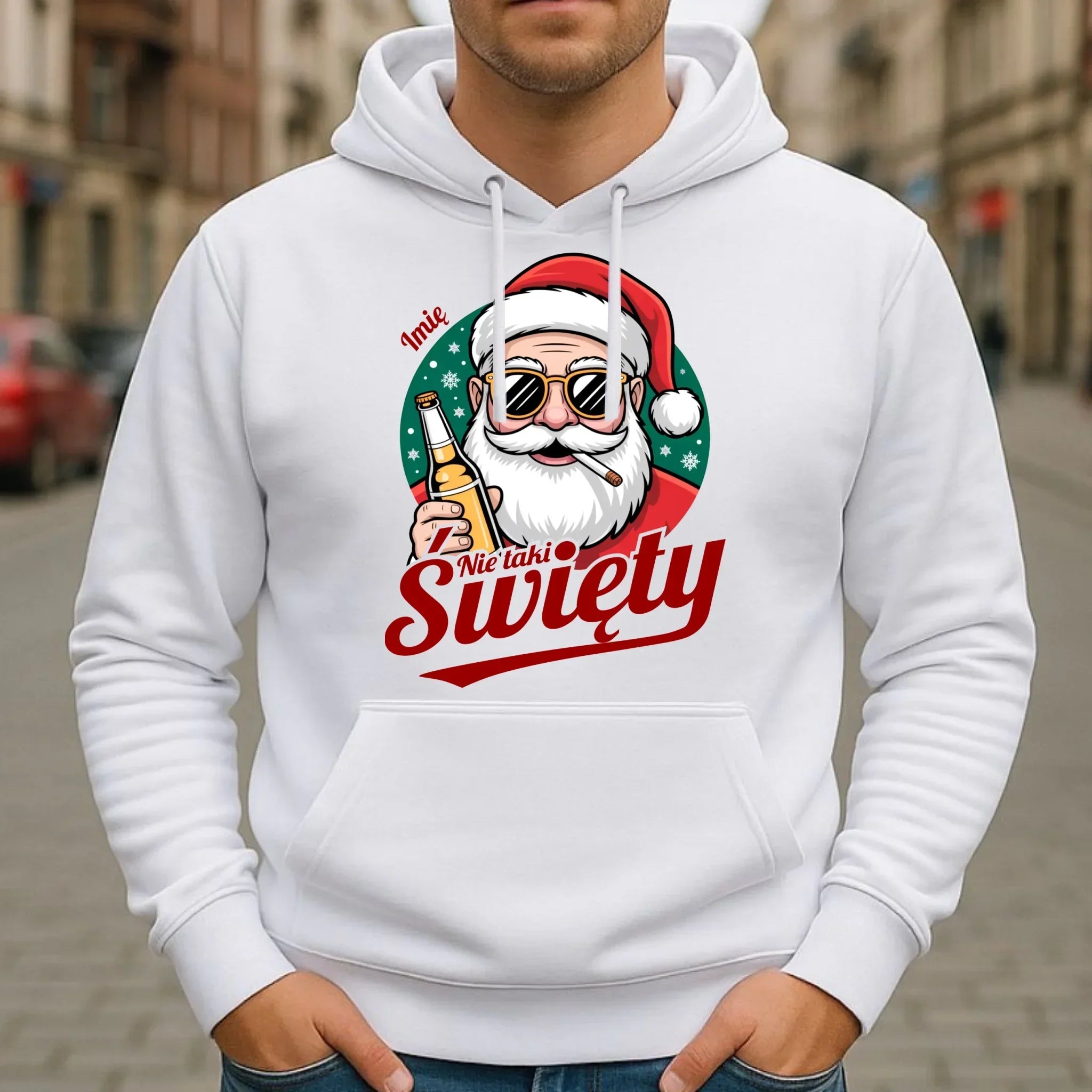 Bluza męska z kapturem świąteczna - Mikołaj nie taki święty - personalizowana BN80 - StoryCups.pl