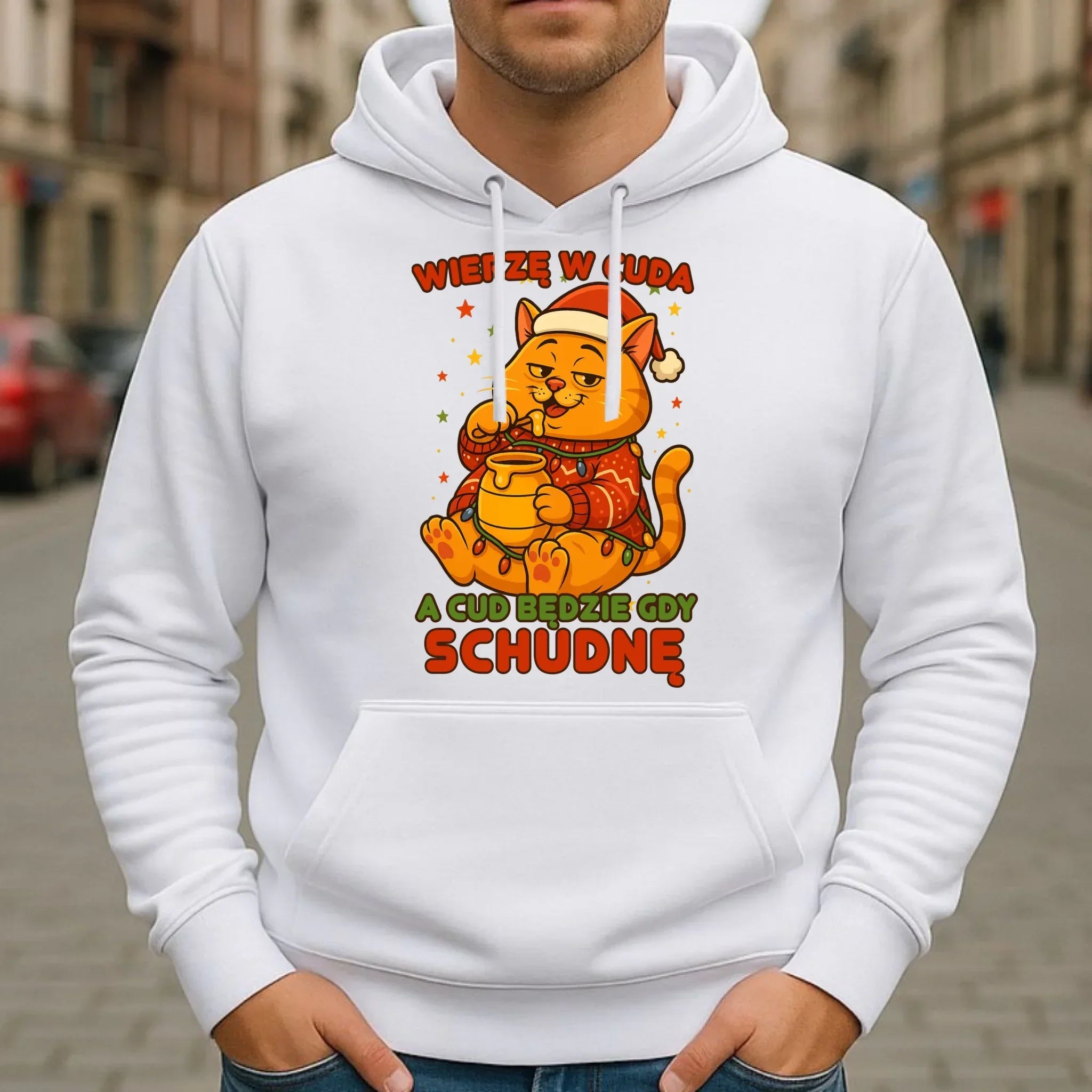 Bluza męska z kapturem świąteczna - Wierzę w cuda, a cud będzie gdy schudnę BN88 - StoryCups.pl