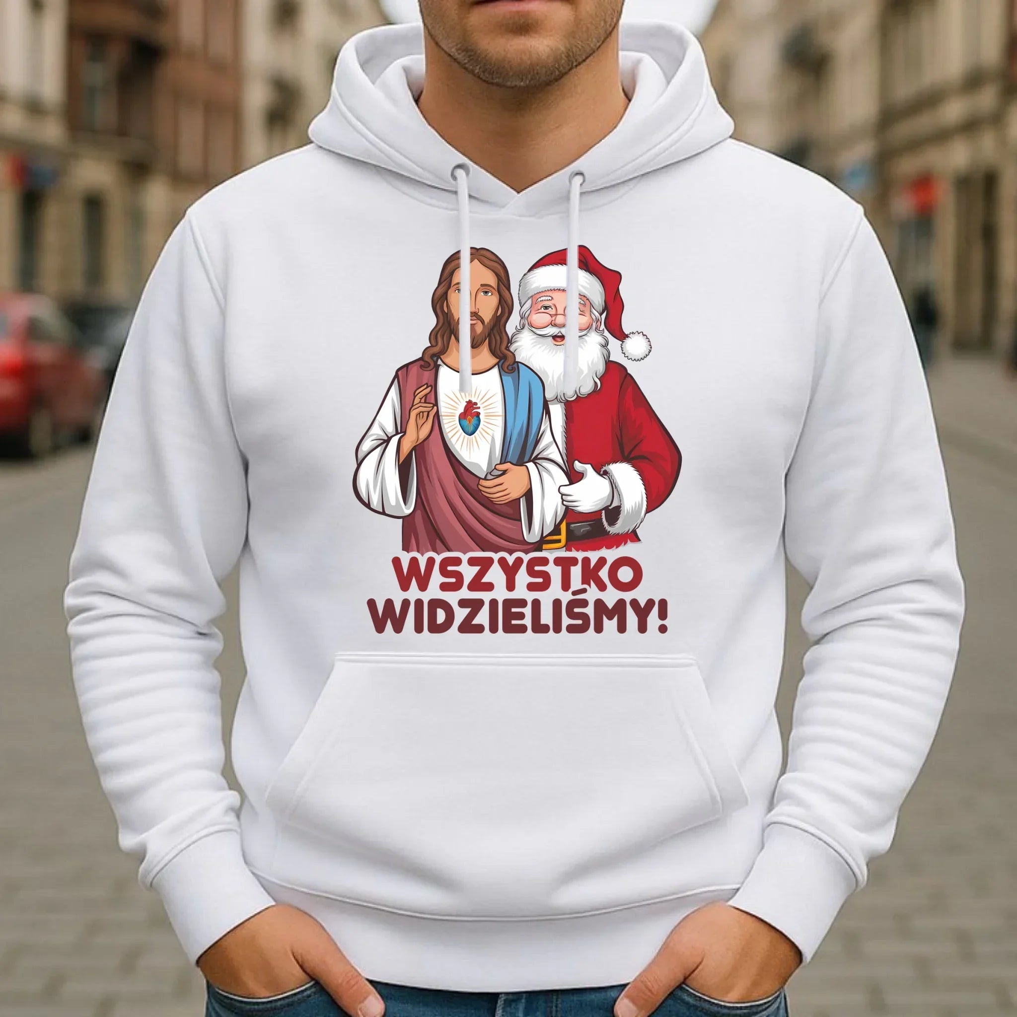 Bluza męska z kapturem świąteczna - Jezus i Mikołaj Wszystko widzieliśmy BN89 - StoryCups.pl