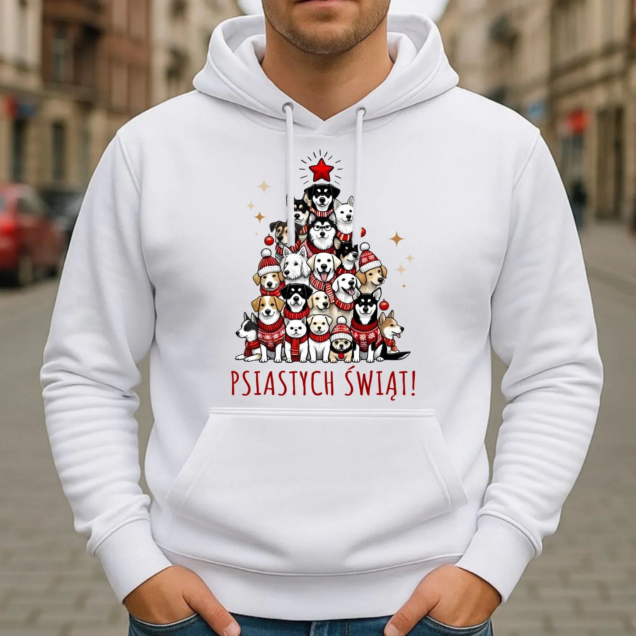 Bluza męska z kapturem świąteczna - Psia choinka Psiastych Świąt BN90 - StoryCups.pl