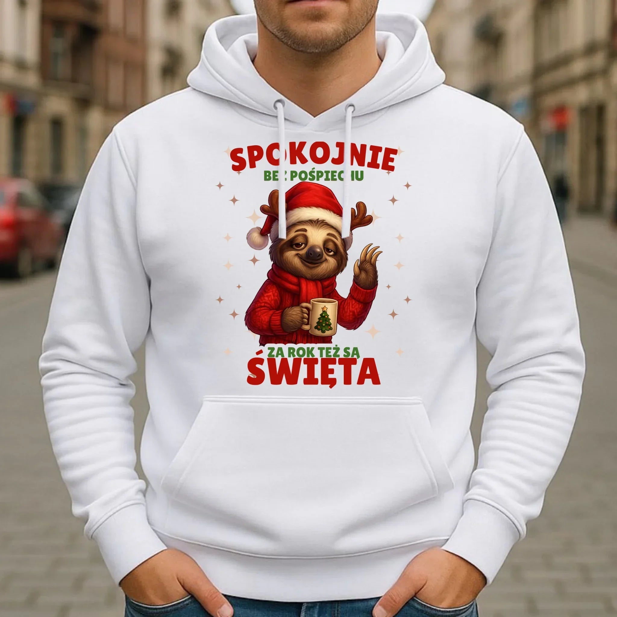 Bluza męska z kapturem świąteczna - Leniwiec Za rok też są święta BN92 - StoryCups.pl