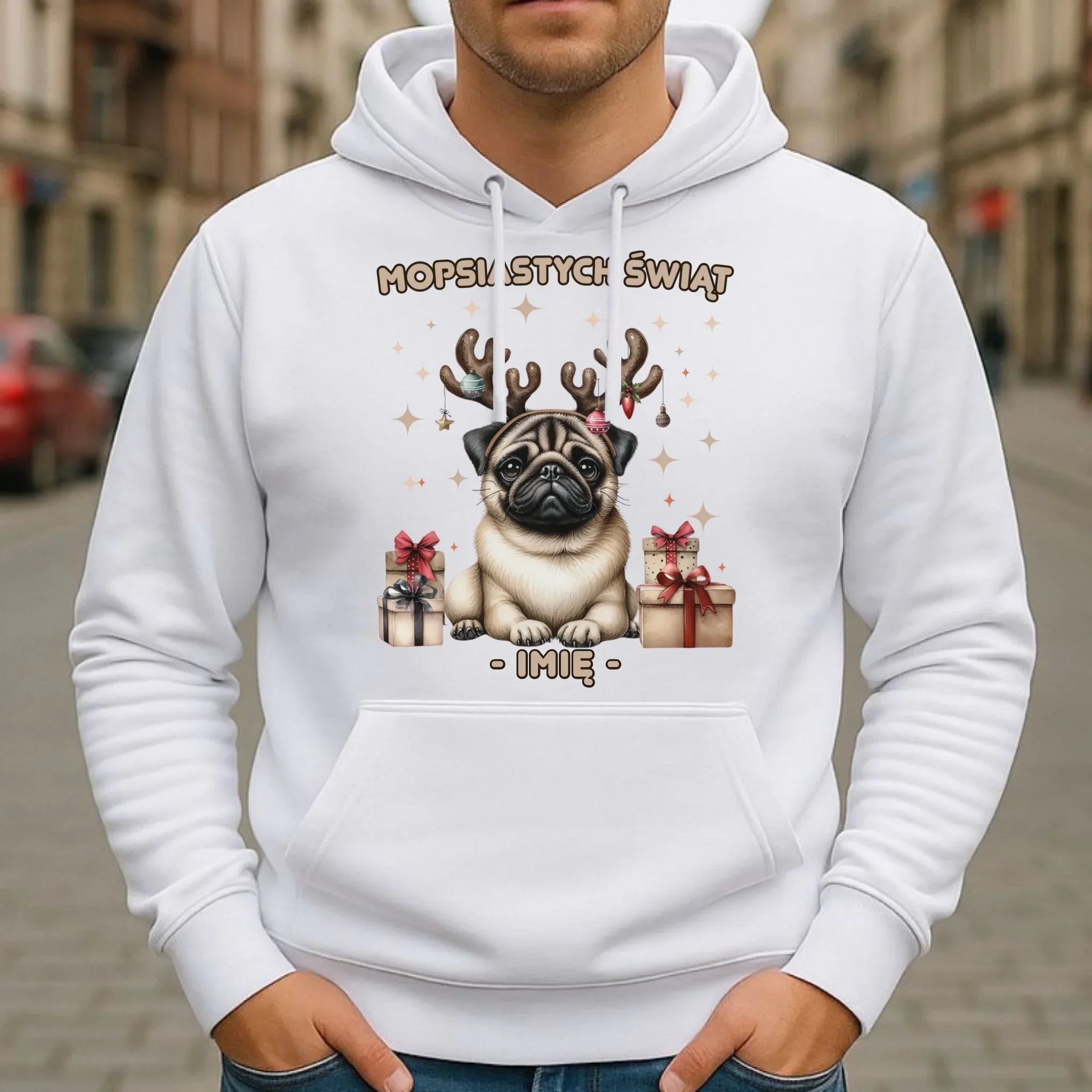 Bluza męska z kapturem świąteczna - Mops Mopsiastych świąt - personalizowana BN91 - StoryCups.pl