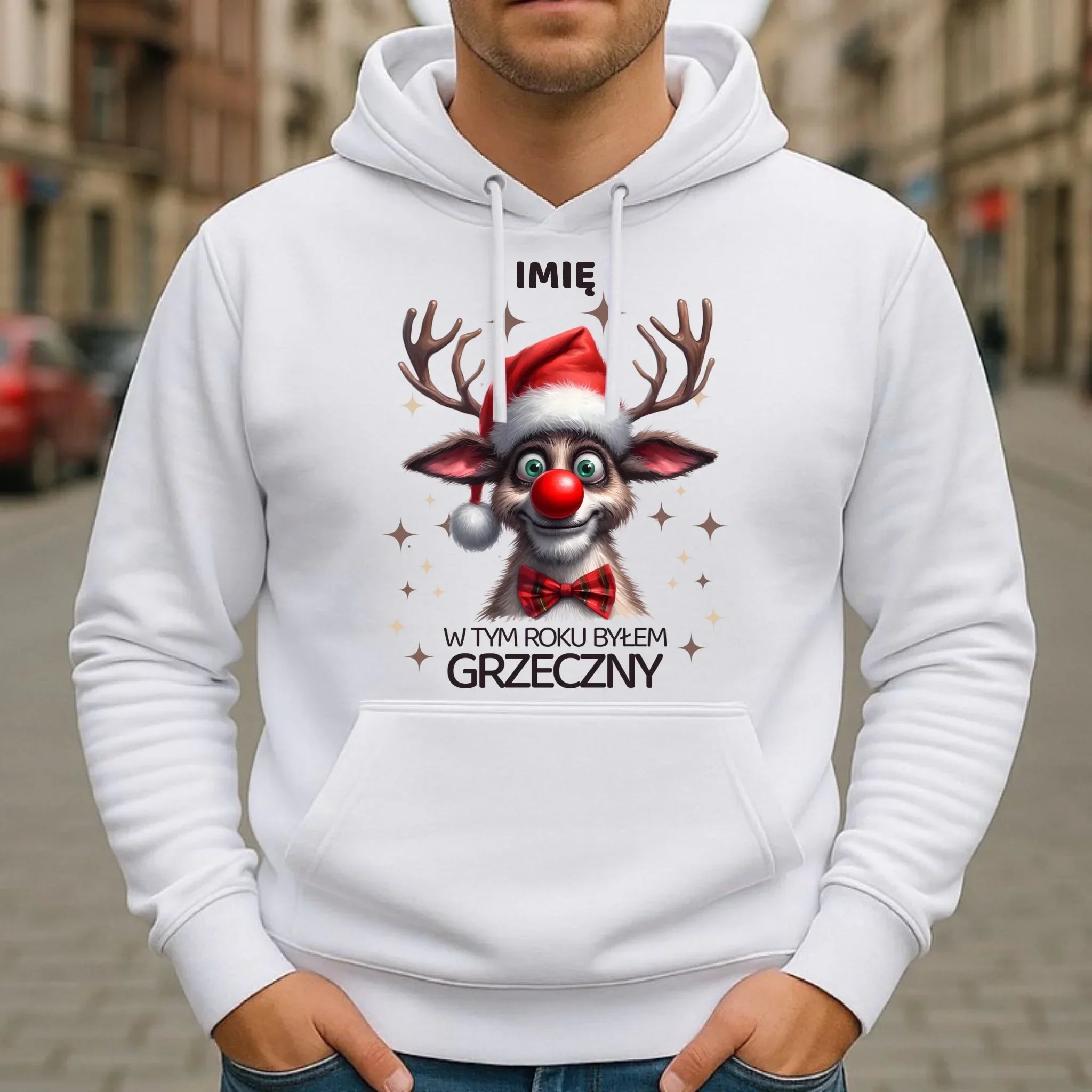 Bluza męska z kapturem świąteczna - Renifer W tym roku byłem grzeczny - personalizowana BN96 - StoryCups.pl