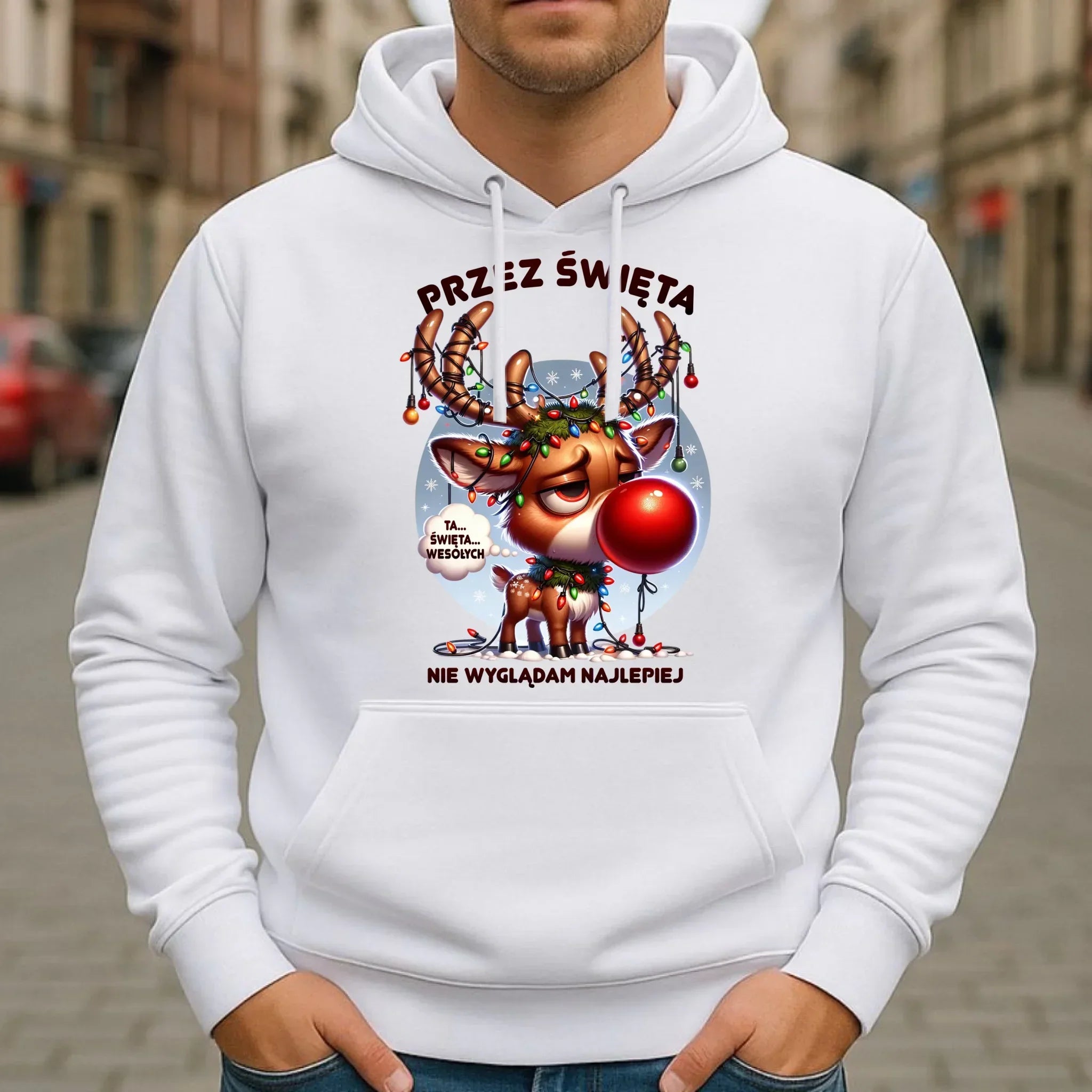 Bluza męska z kapturem świąteczna - Renifer Przez święta nie wyglądam najlepiej BN98 - StoryCups.pl