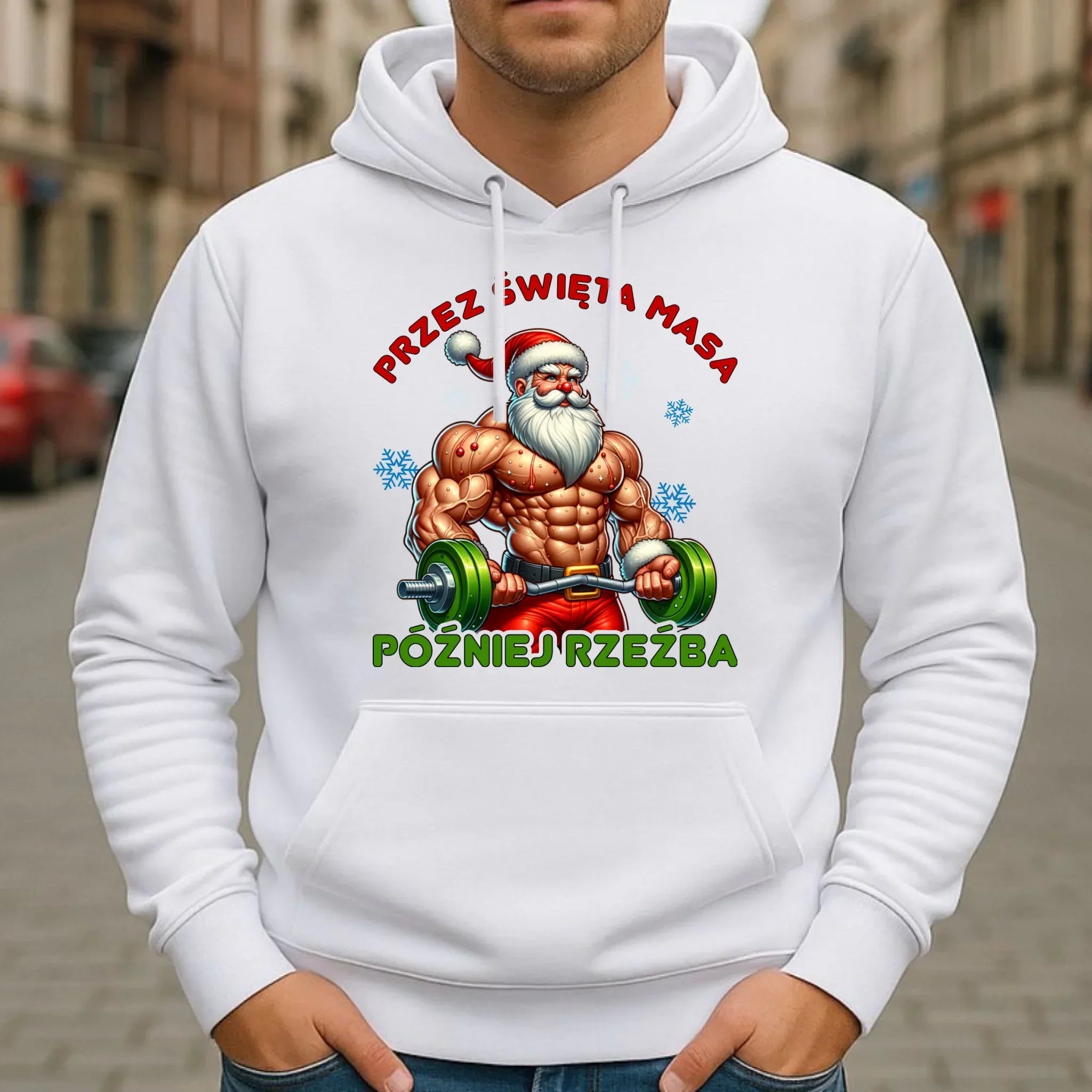 Bluza męska z kapturem świąteczna - Mikołaj na siłowni - Przez święta masa, później rzeźba BN139 - StoryCups.pl