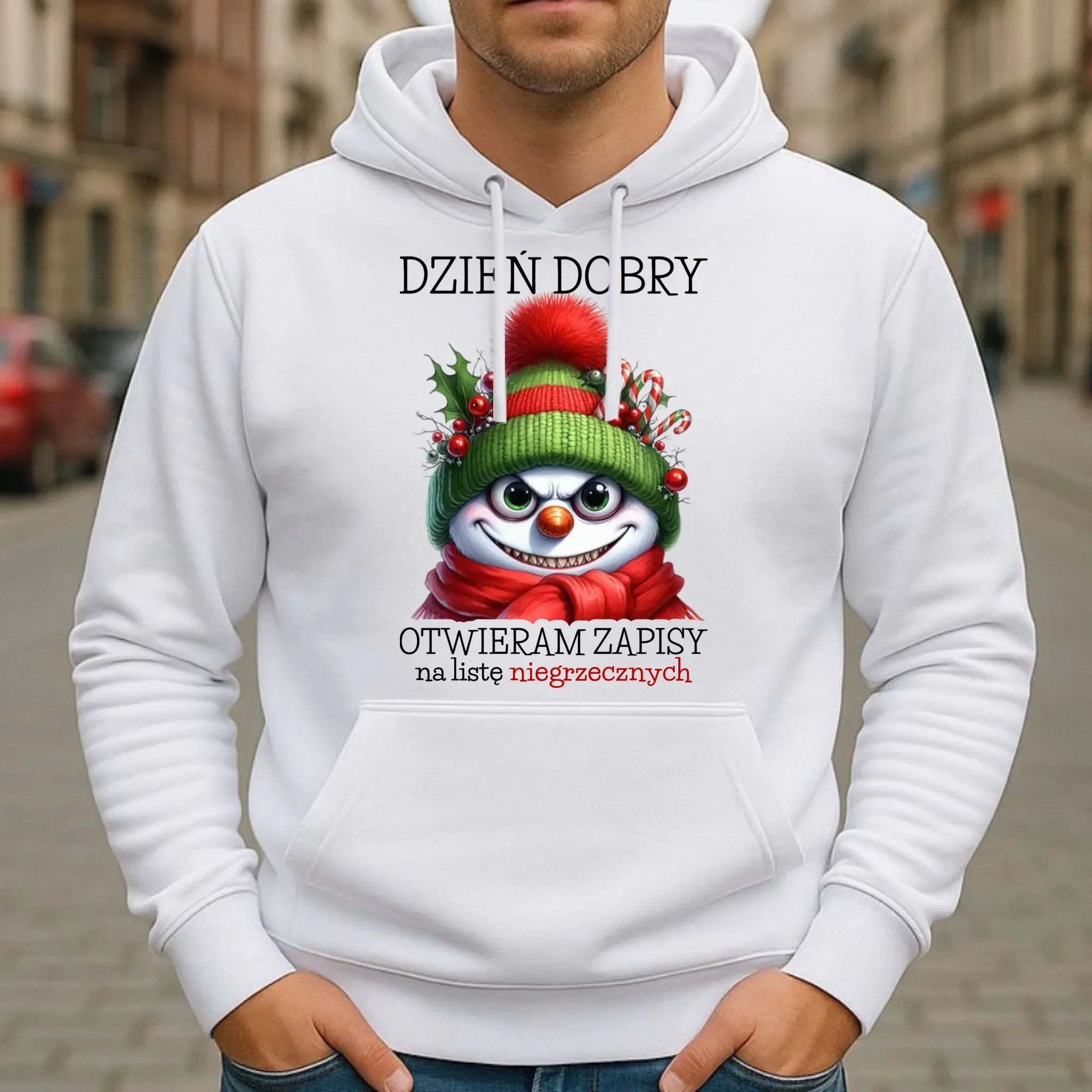 Bluza męska z kapturem świąteczna - Niegrzeczny bałwan - Dzień dobry otwieram zapisy na listę BN121 - StoryCups.pl