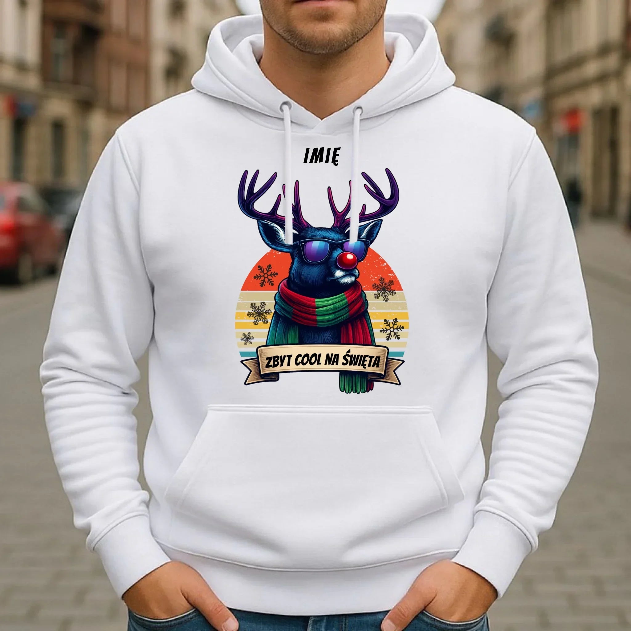 Bluza męska z kapturem świąteczna z reniferem - Zbyt cool na święta - personalizowana BN128 - StoryCups.pl