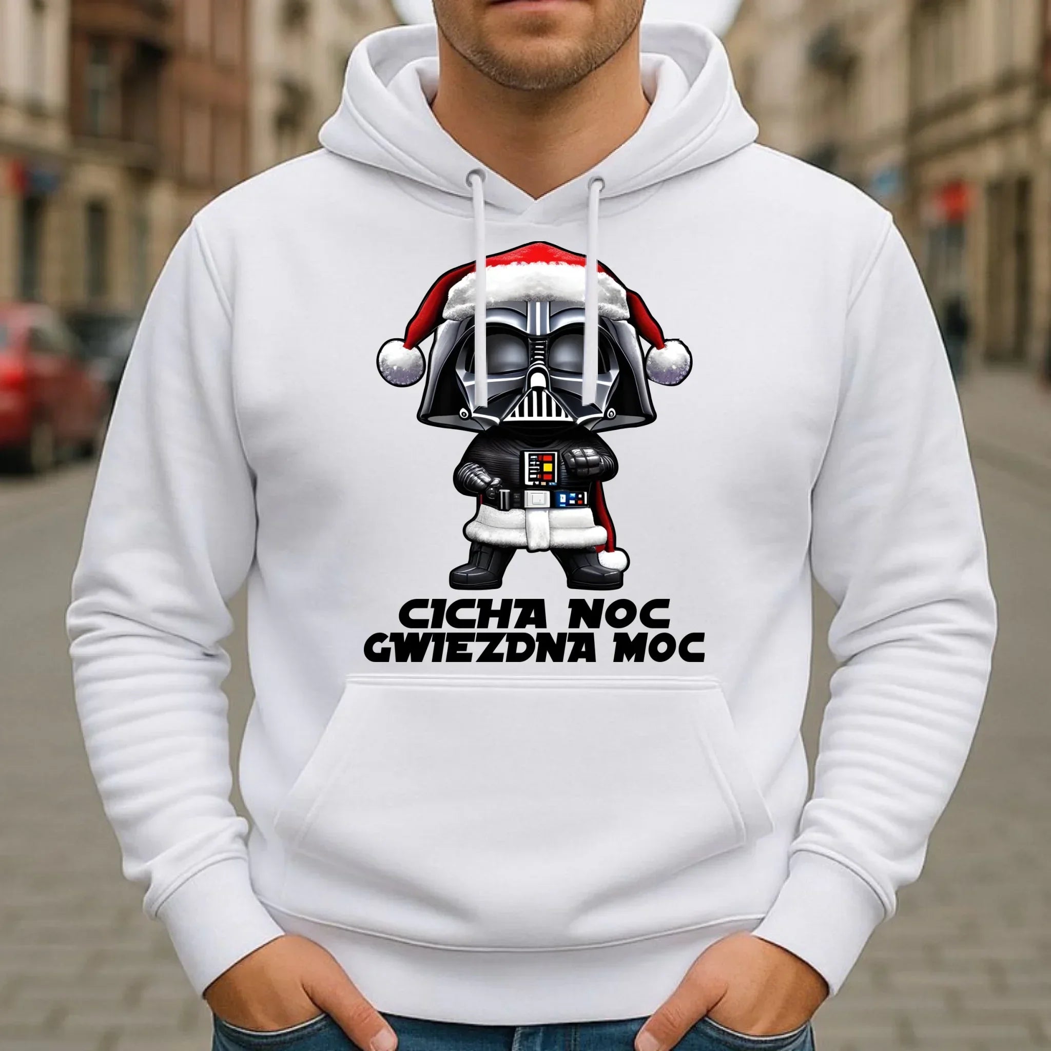 Bluza męska z kapturem świąteczna dla fanów Gwiezdnych Wojen - Cicha noc, gwiezdna moc BN132 - StoryCups.pl