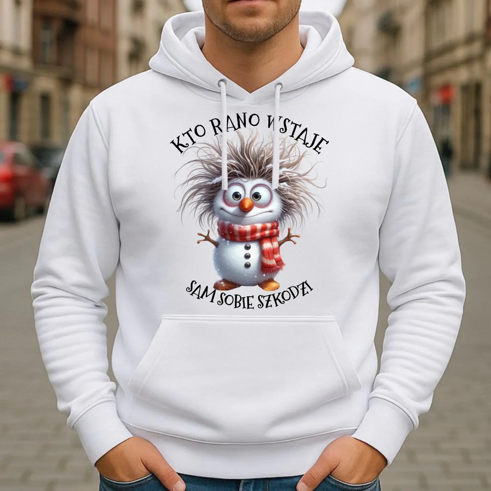 Bluza męska z kapturem świąteczna - Bałwanek - Kto rano wstaje sam sobie szkodzi BN133 - StoryCups.pl