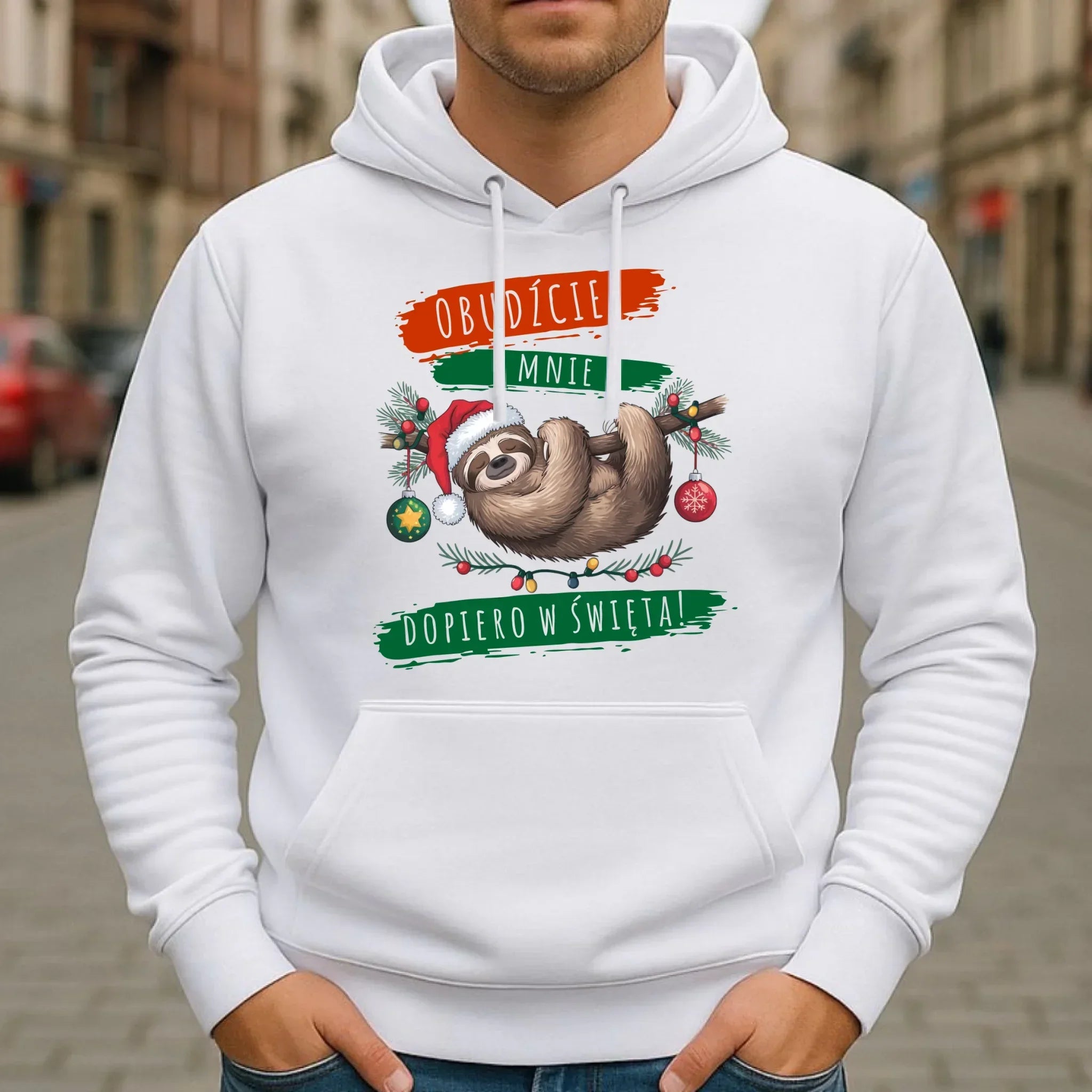 Bluza męska z kapturem świąteczna - Leniwiec - Obudźcie mnie dopiero w święta BN02 - StoryCups.pl