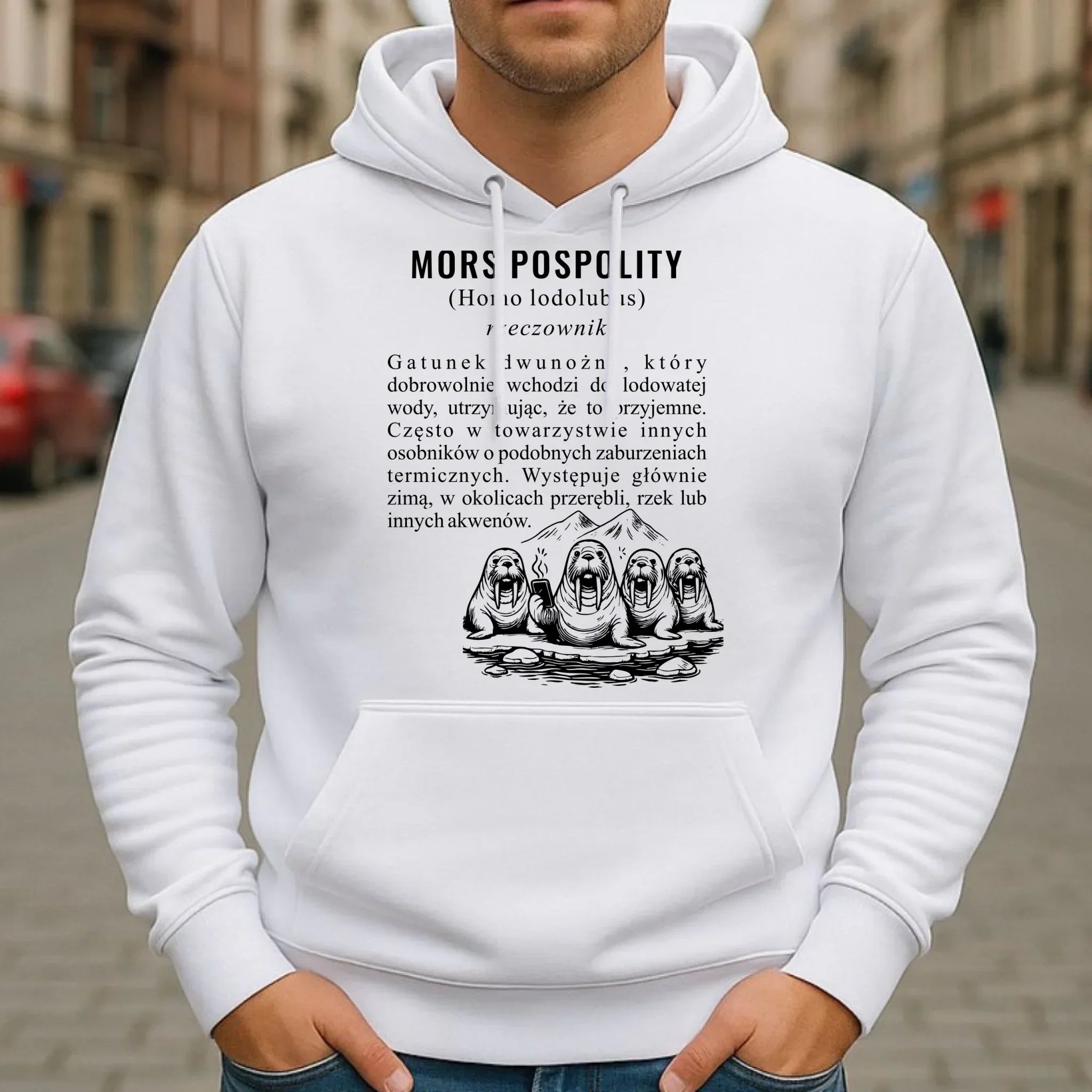 Bluza męska z kapturem - prezent dla morsa - Mors pospolity [Homo lodolubus] HM12 - StoryCups.pl