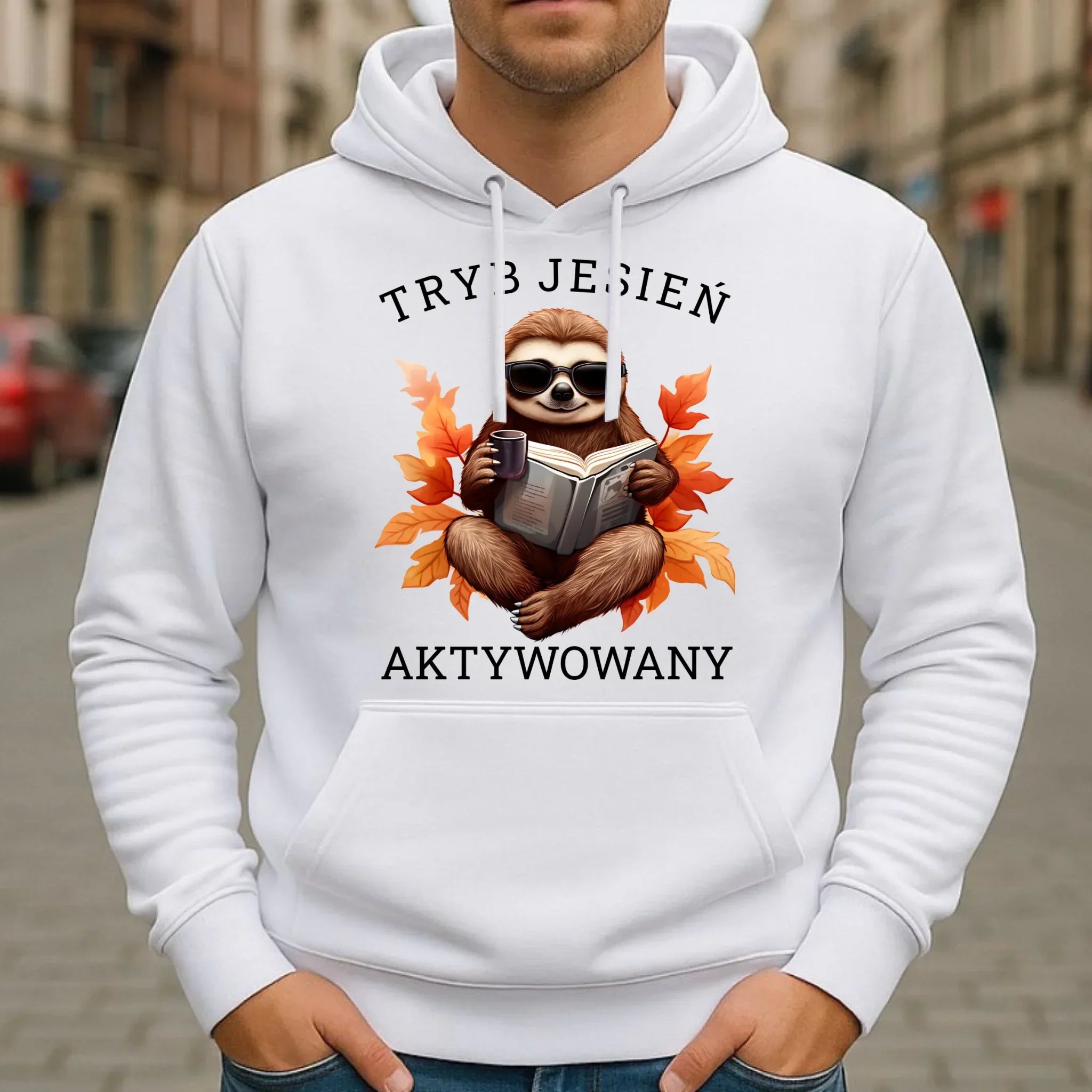 Bluza męska z kapturem jesienna - Leniwiec - Tryb jesień aktywowany JS23 - StoryCups.pl
