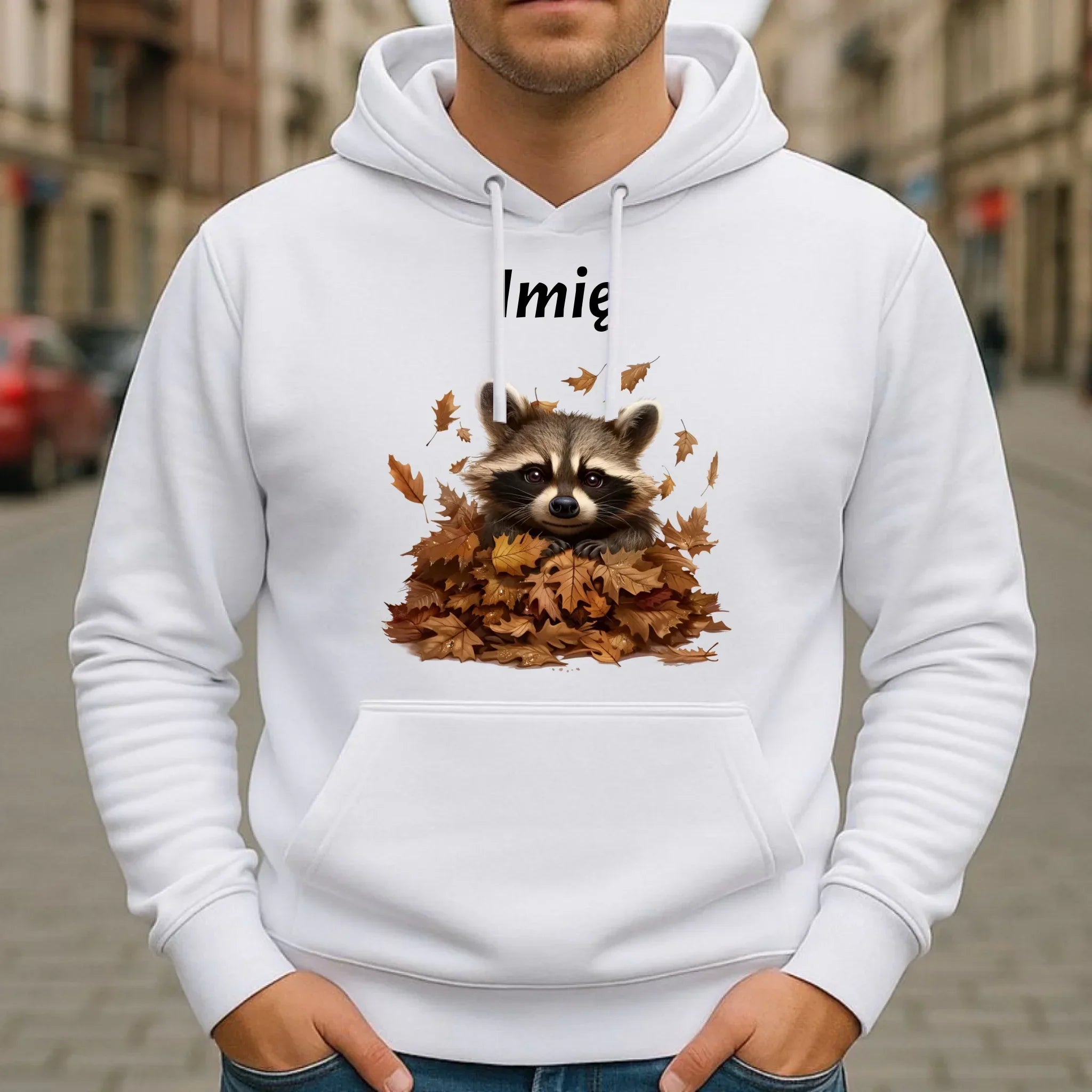 Bluza męska z kapturem jesienna - Szop w liściach - personalizowana JS24 - StoryCups.pl