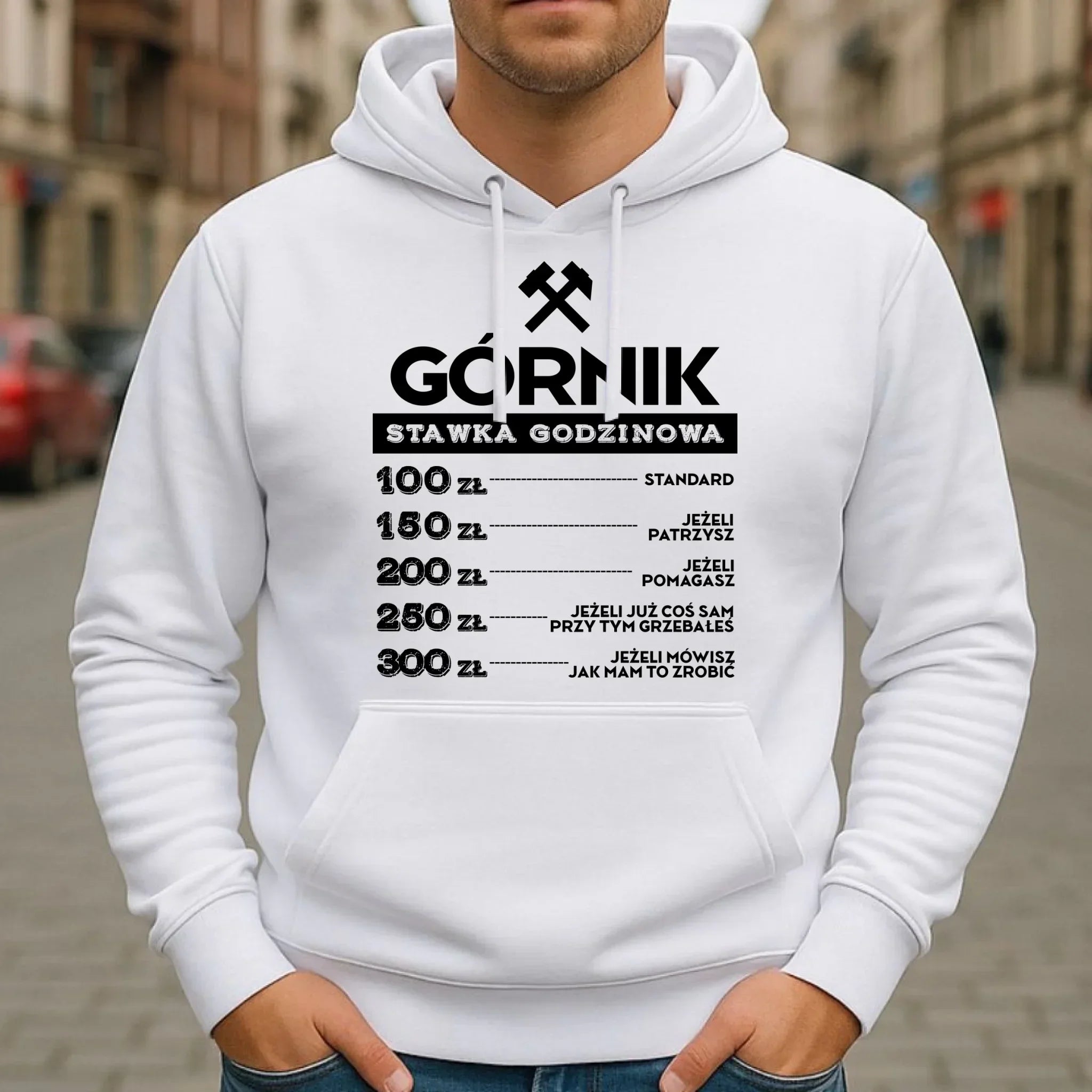 Bluza męska z kapturem - prezent dla górnika - Górnik stawka godzinowa G14 - StoryCups.pl