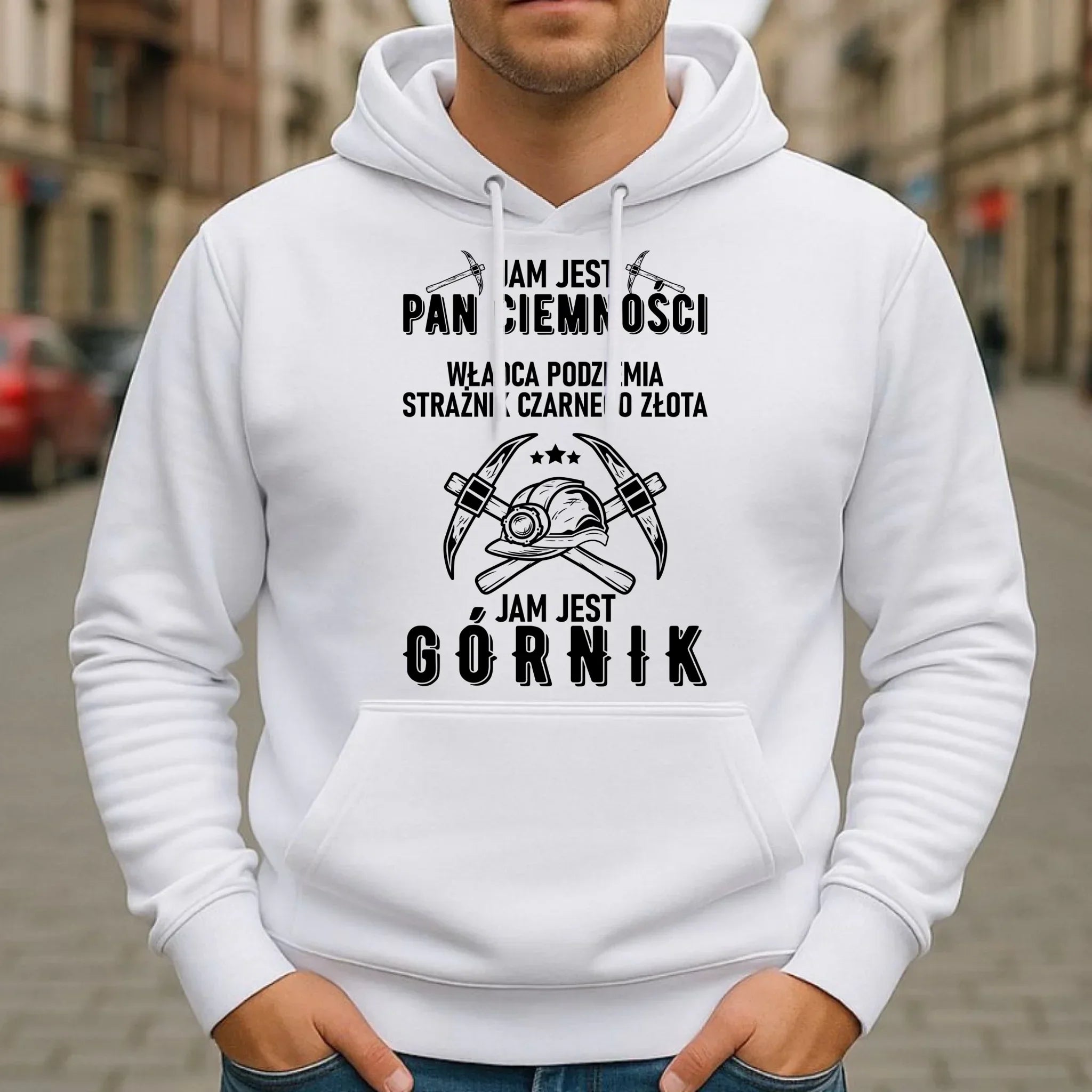 Bluza męska z kapturem - prezent dla górnika - Pan ciemności jam jest górnik G04 - StoryCups.pl