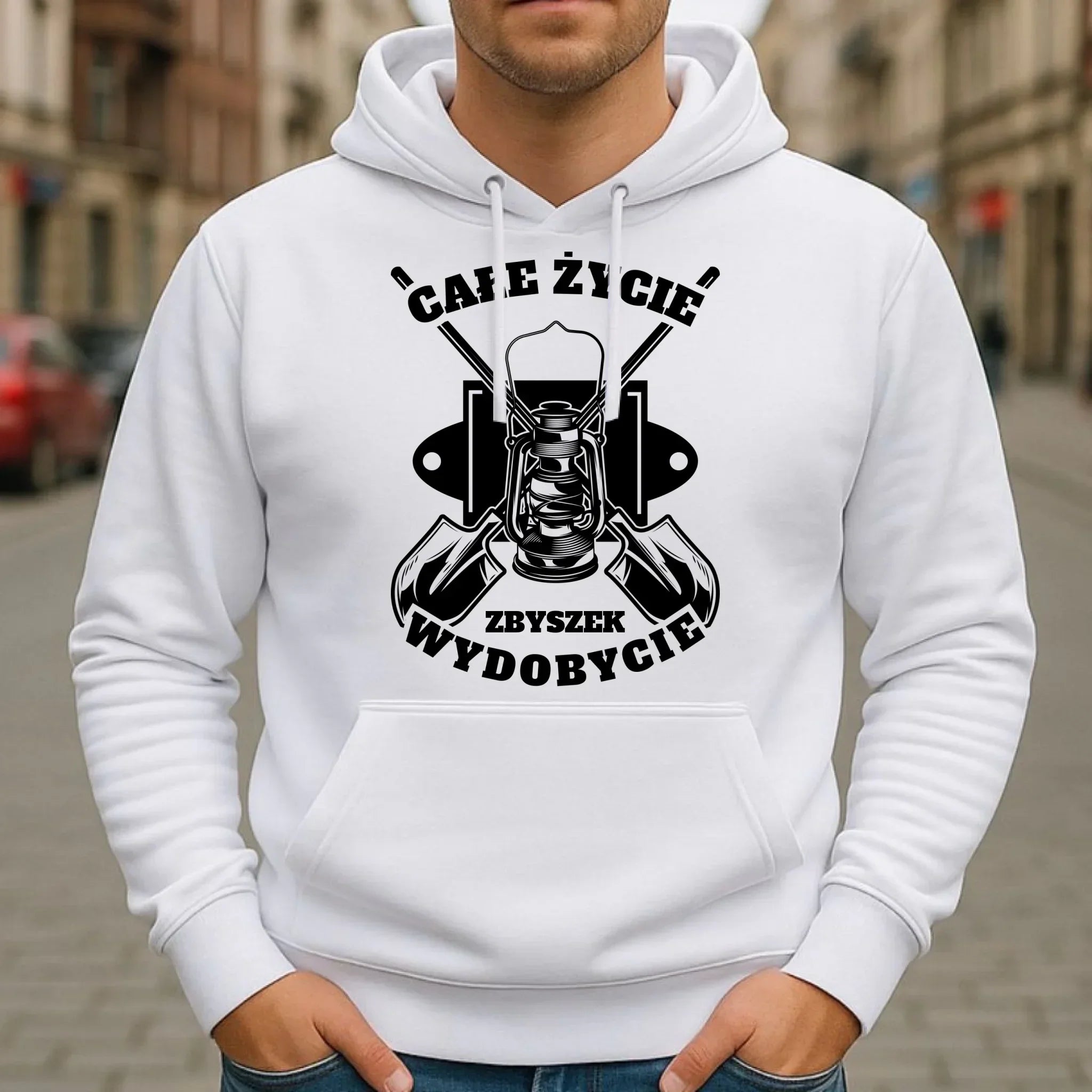 Bluza męska z kapturem - prezent dla górnika - Całe życie wydobycie - personalizowana G01 - StoryCups.pl