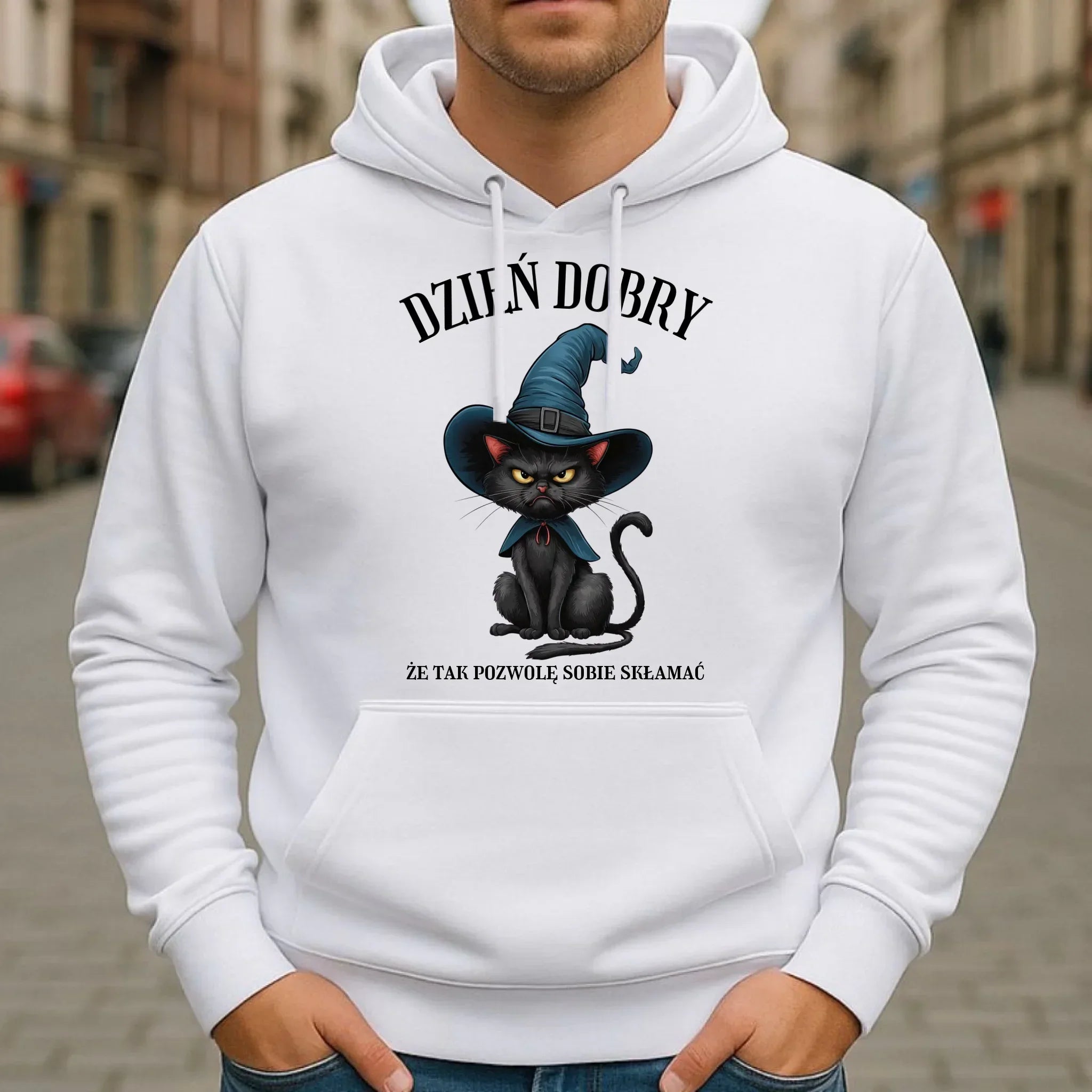 Bluza męska z kapturem halloweenowa - Dzień dobry, że tak pozwolę sobie skłamać HL27 - StoryCups.pl