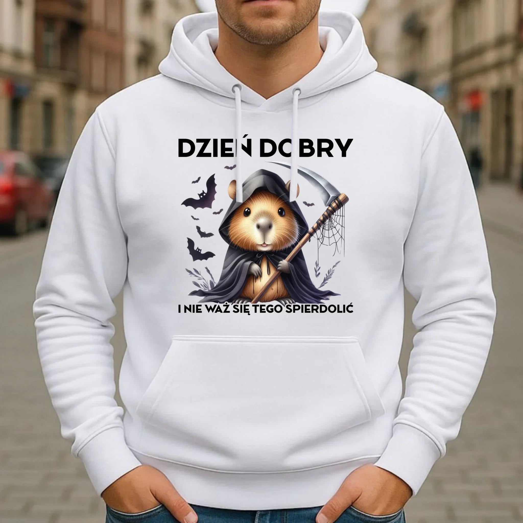 Bluza męska z kapturem na halloween - Kapibara Żniwiarz - Dzień dobry - bez cenzury HL20 - StoryCups.pl