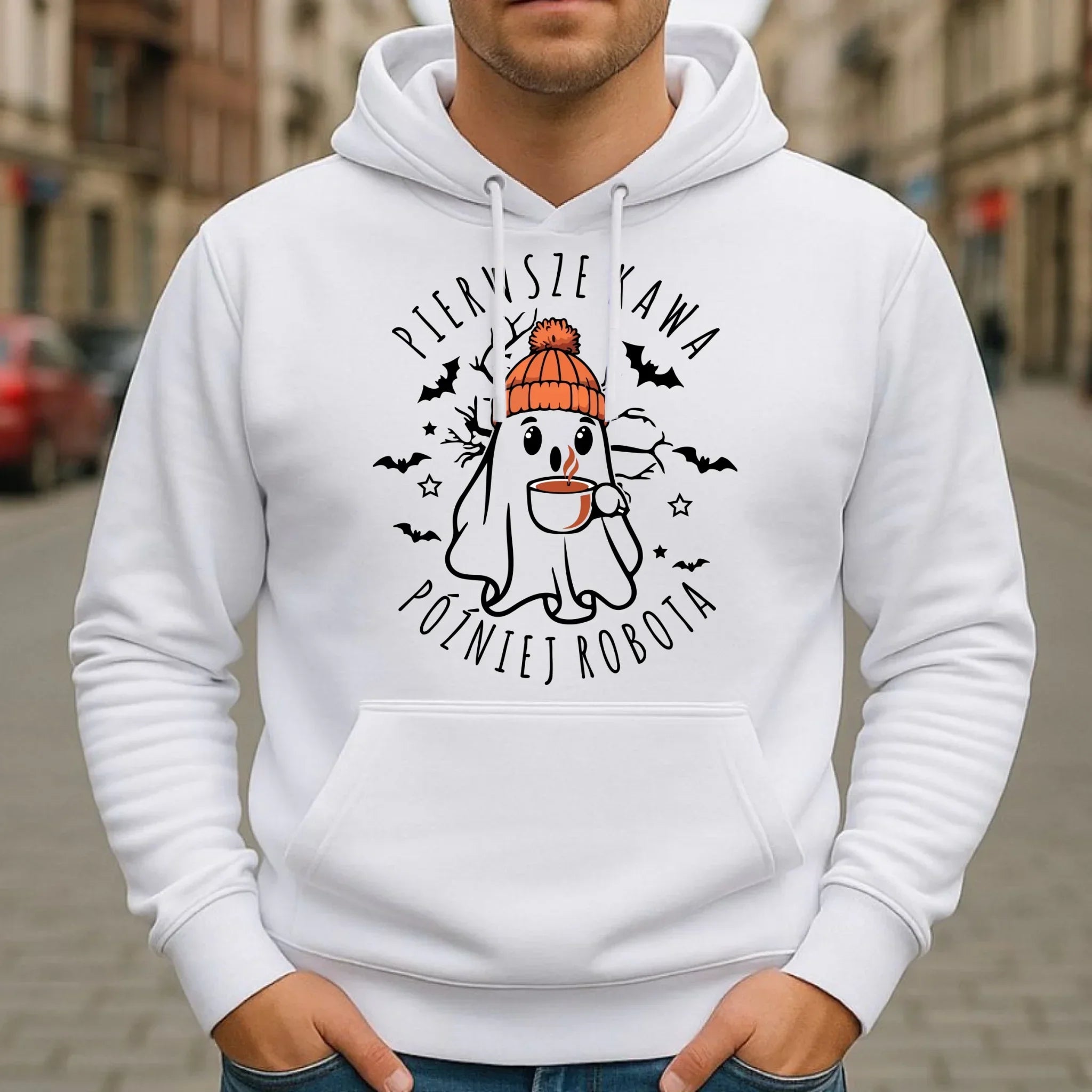 Bluza męska z kapturem na Halloween - Duch z kawą - Pierwsze kawa później robota HL01 - StoryCups.pl