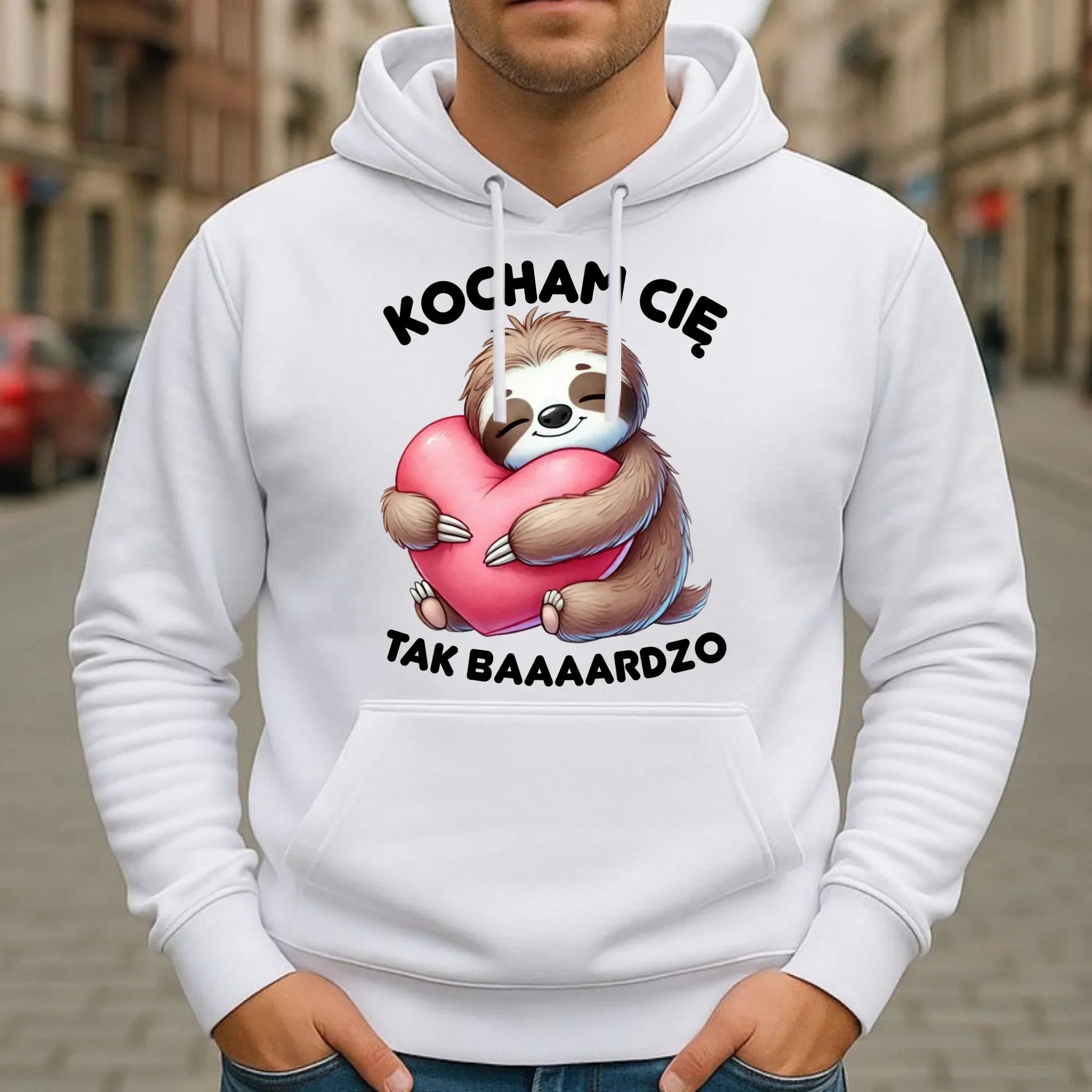 Bluza męska z kapturem - Leniwiec Kocham Cię tak baaaardzo W16 - StoryCups.pl