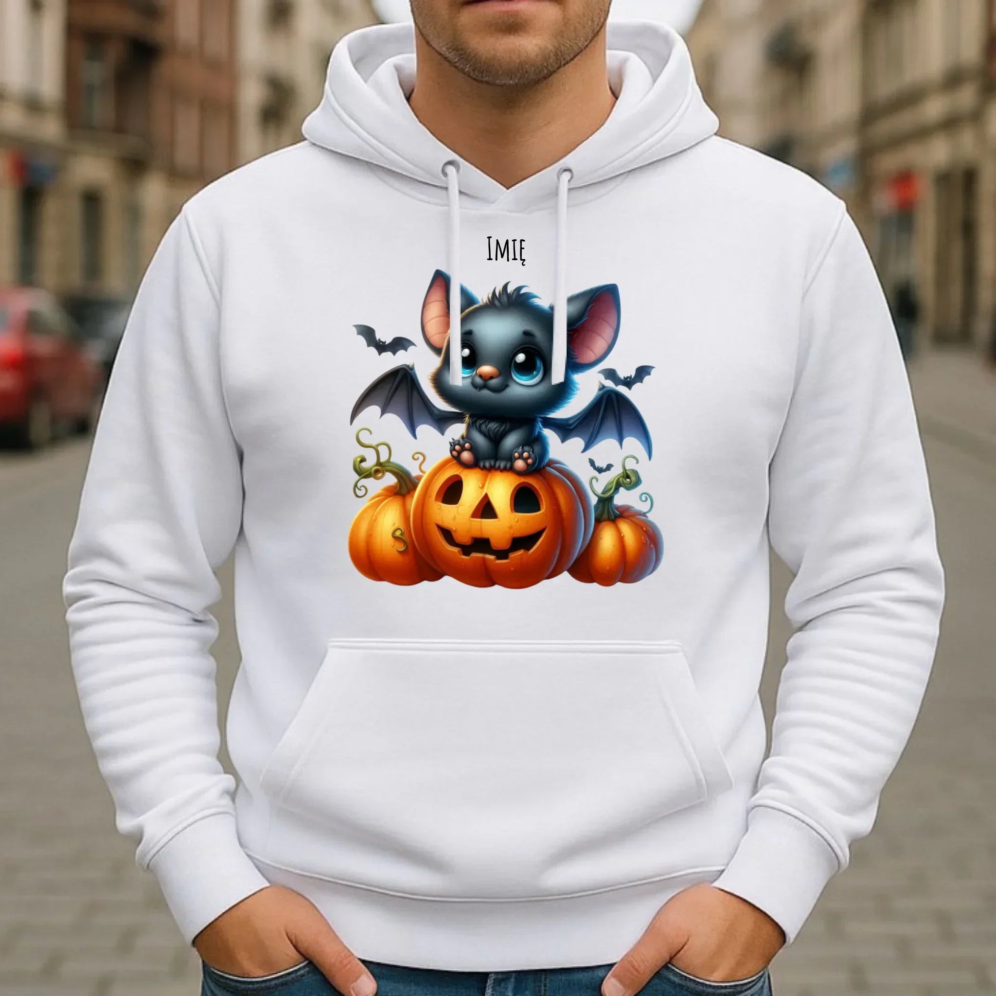 Bluza męska z kapturem halloweenowa - Słodki nietoperz z dynią - personalizowana HL09 - StoryCups.pl