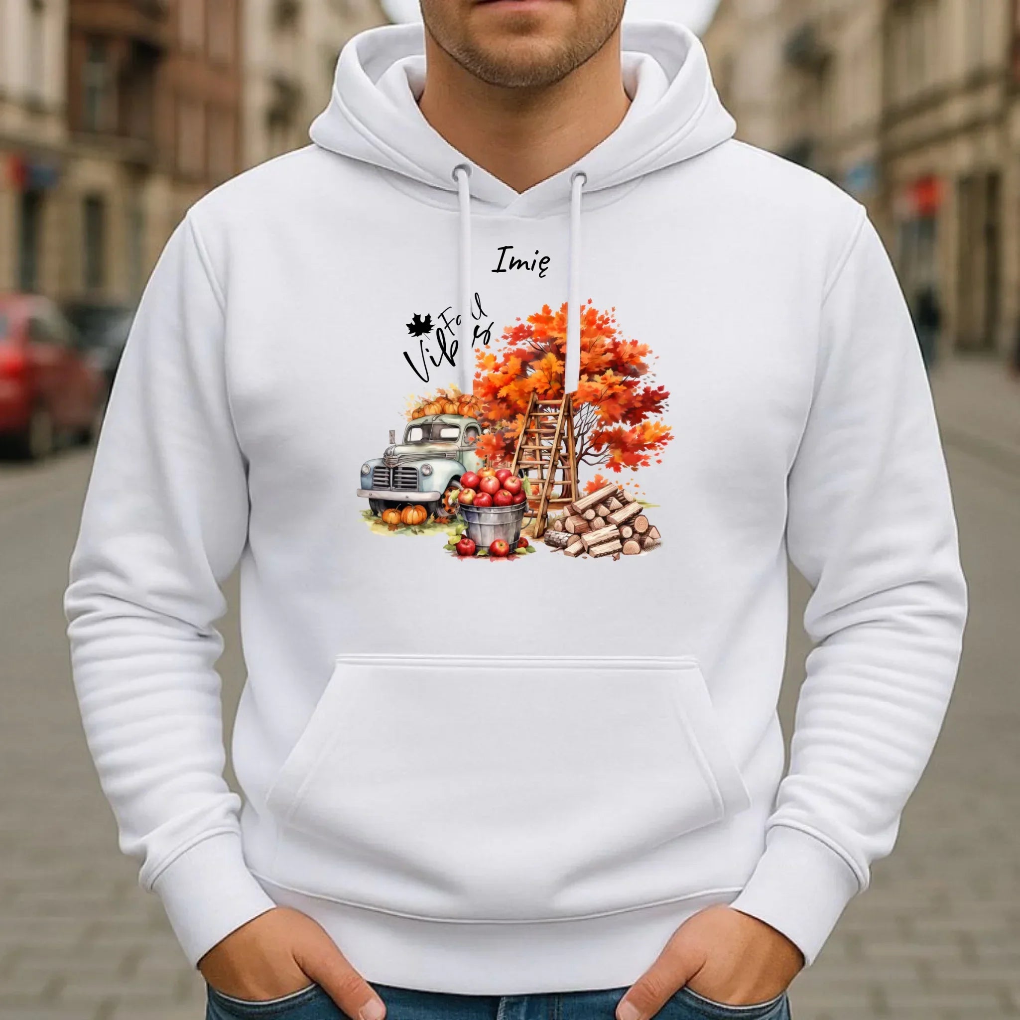 Bluza męska z kapturem jesienna – Vintage auto dynie i jabłka – personalizowana JS07 - StoryCups.pl