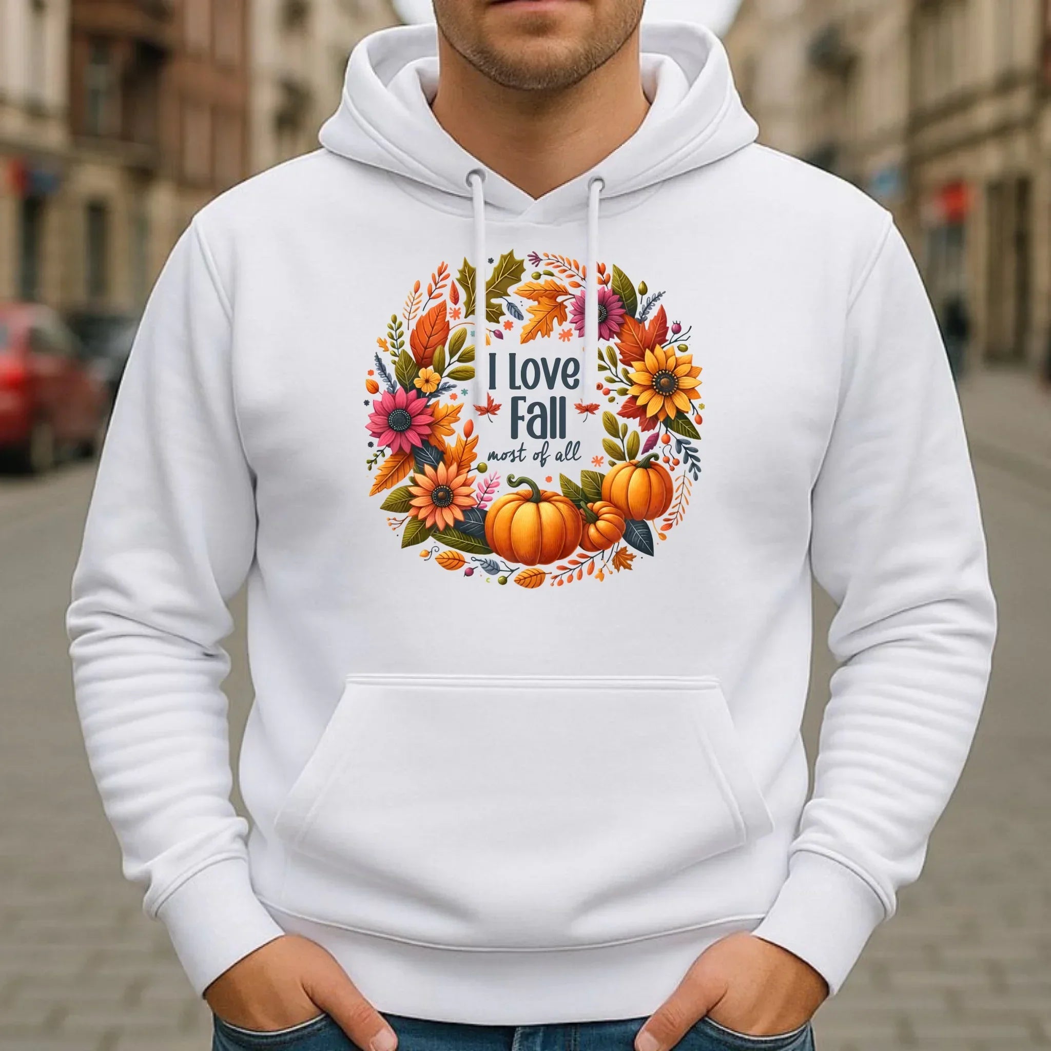 Bluza męska z kapturem jesienna - Kocham jesień - dynia z liśćmi JS03 - StoryCups.pl