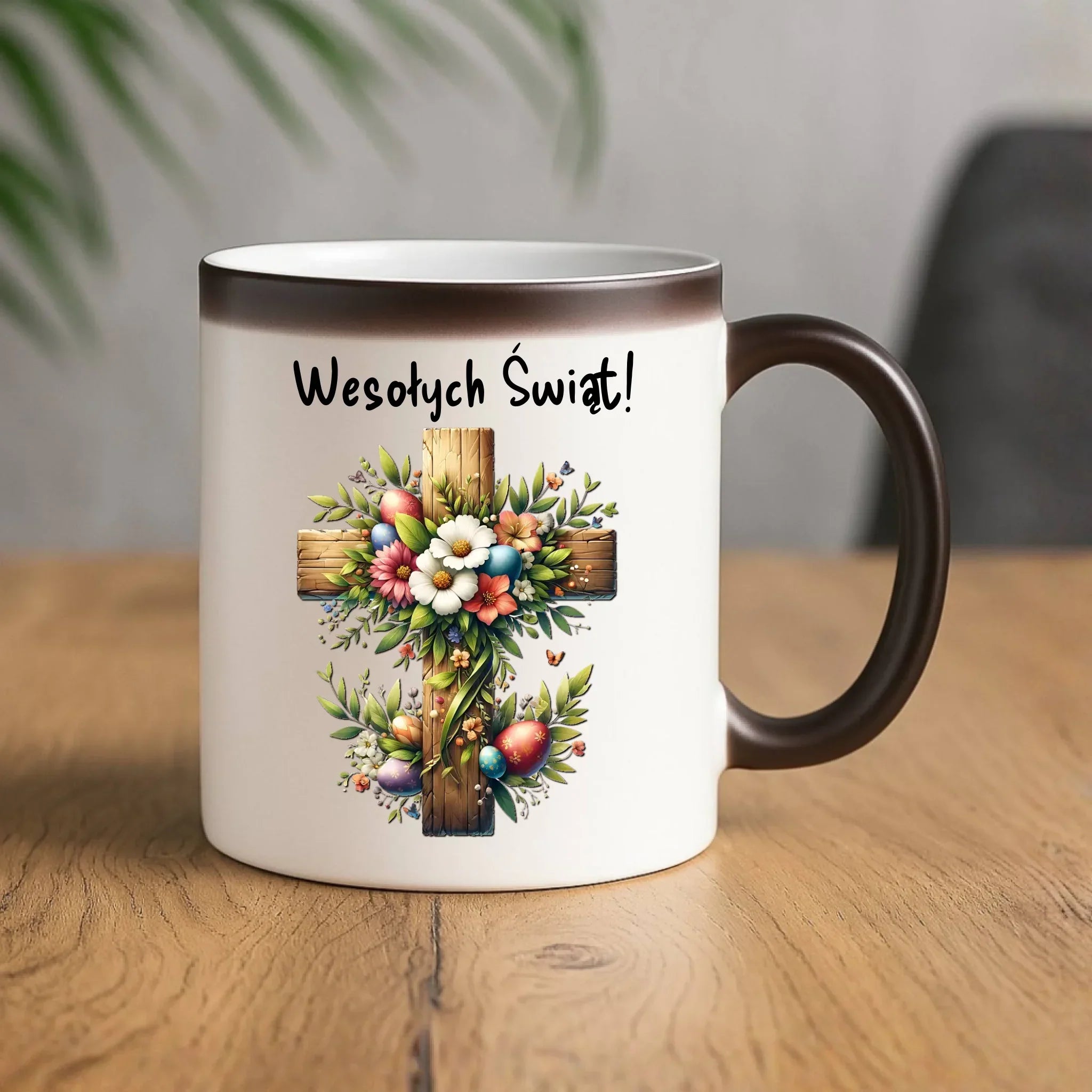 Kubek magiczny na Wielkanoc - Krzyż z kwiatami Wesołych Świąt WN02 - StoryCups.pl