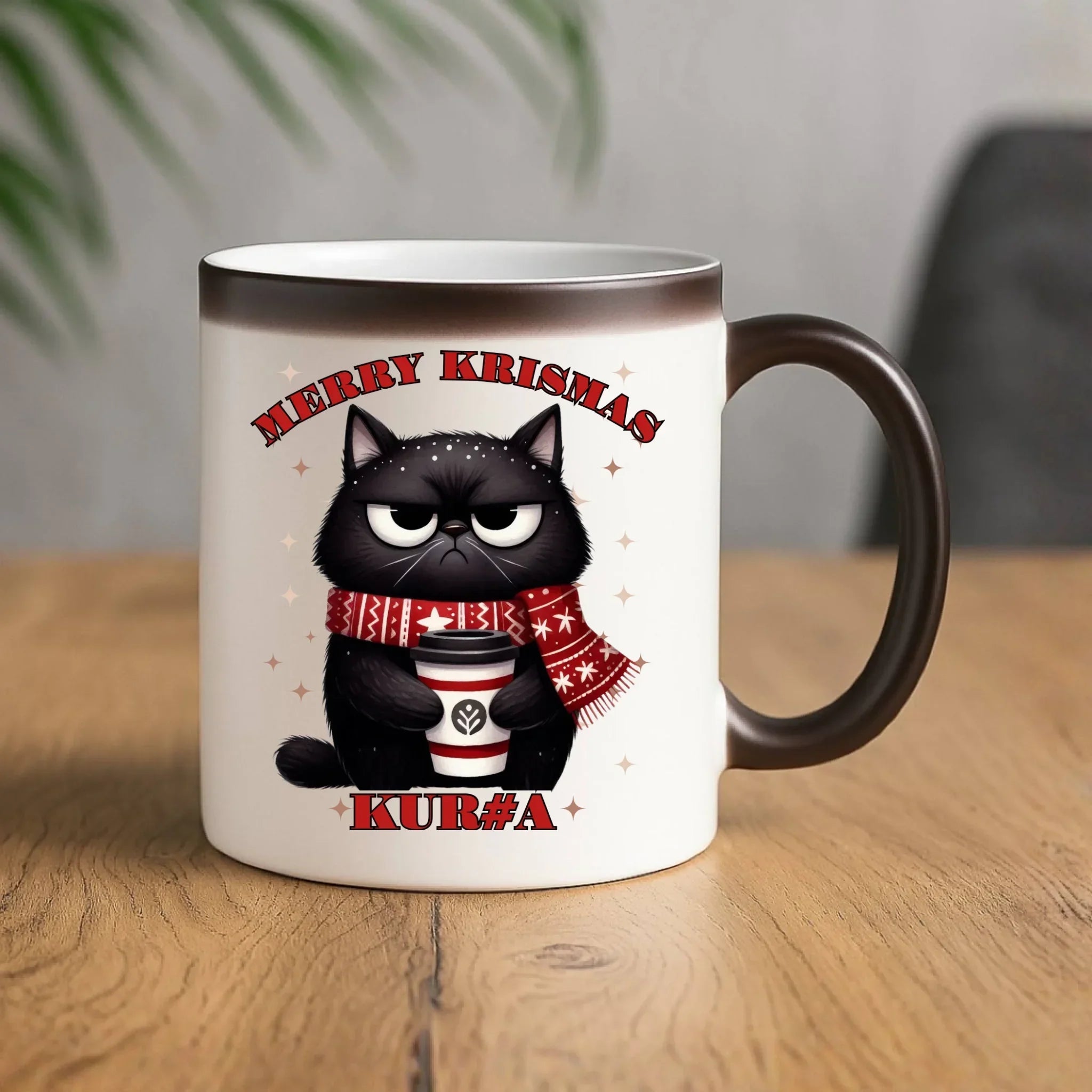 Kubek magiczny świąteczny - Zburczany kot Merry Krismas kur#a - bez cenzury BN34 - StoryCups.pl